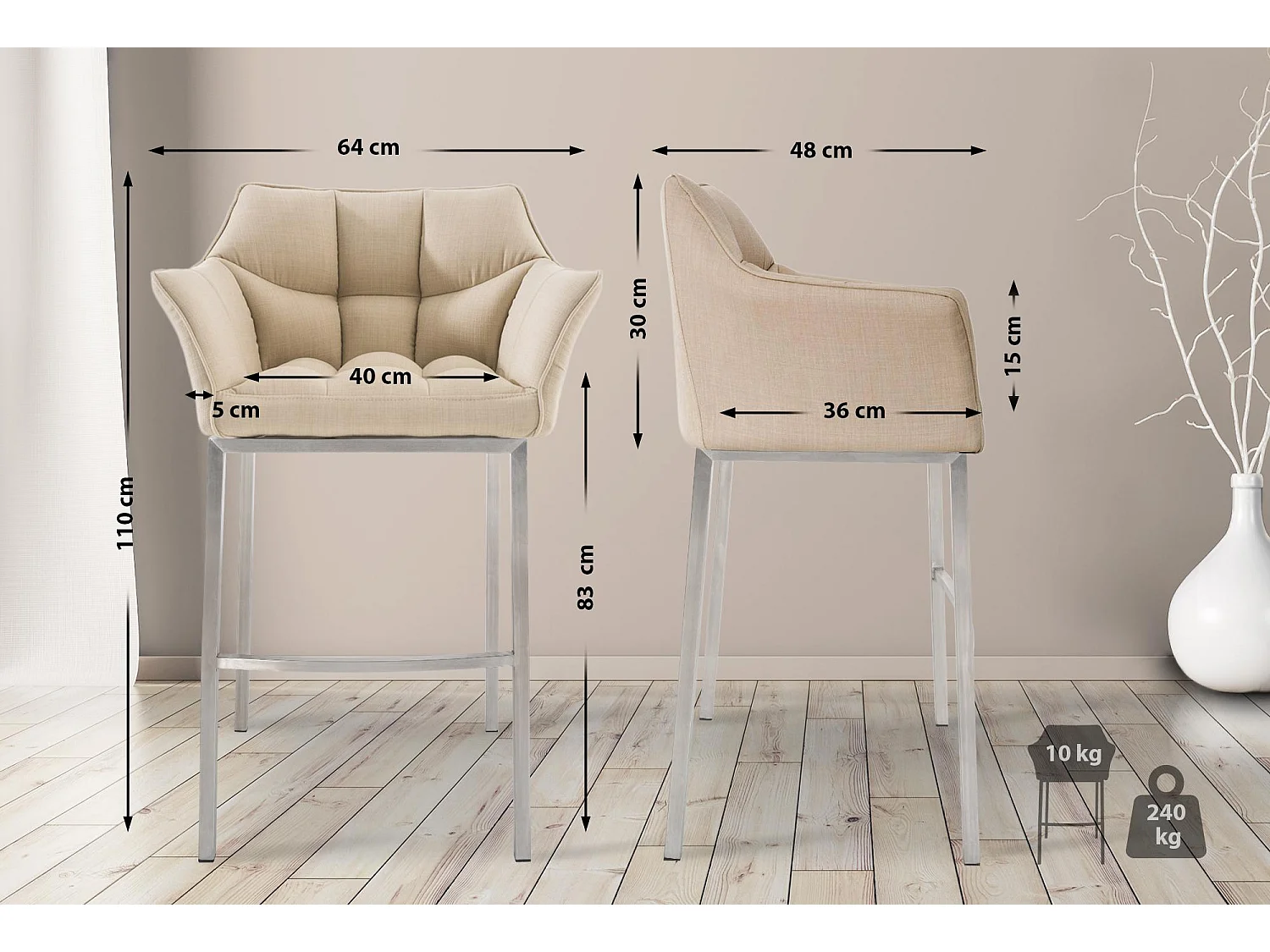Lot de 2  Tabouret de bar - Tissu & Acier inoxydable - Crème - Damaso