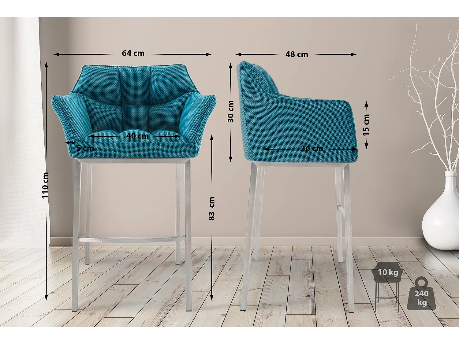 Lot de 2  Tabouret de bar - Tissu & Acier inoxydable - Turquoise - Damaso