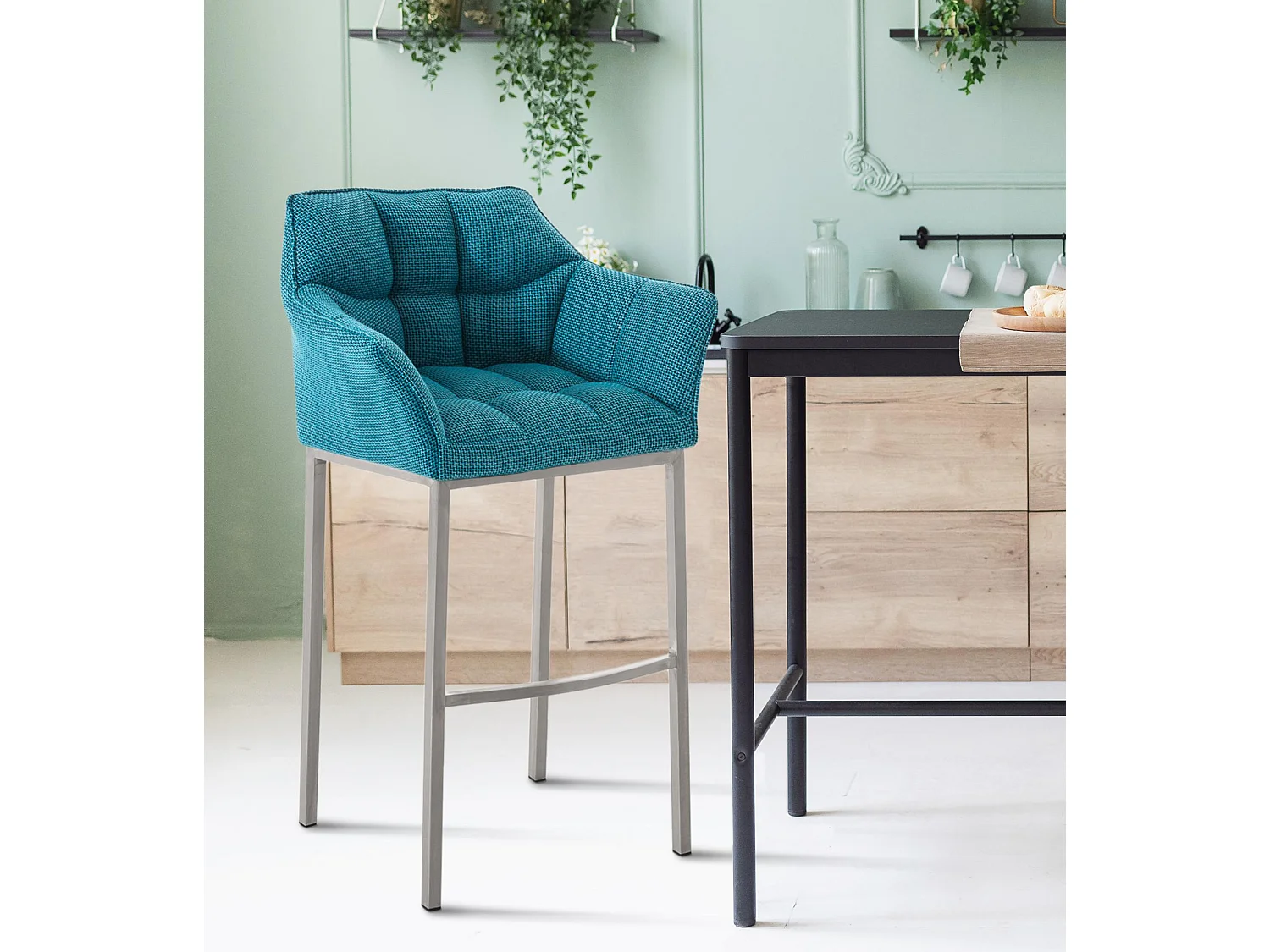 Lot de 2  Tabouret de bar - Tissu & Acier inoxydable - Turquoise - Damaso