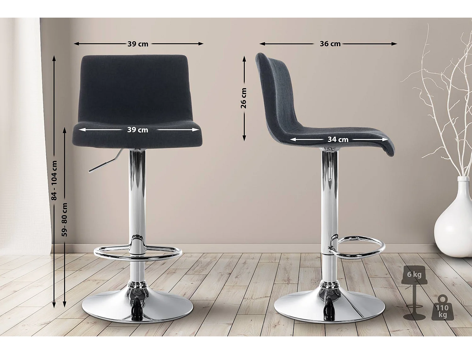 Tabouret de bar - Tissu & Métal chromé - Noir - Hover