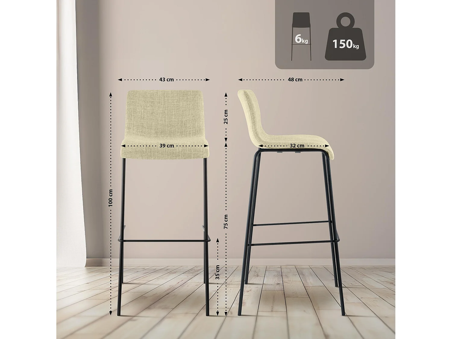 Lot de 2  Tabouret de bar - Tissu & Noir - Crème - Hover