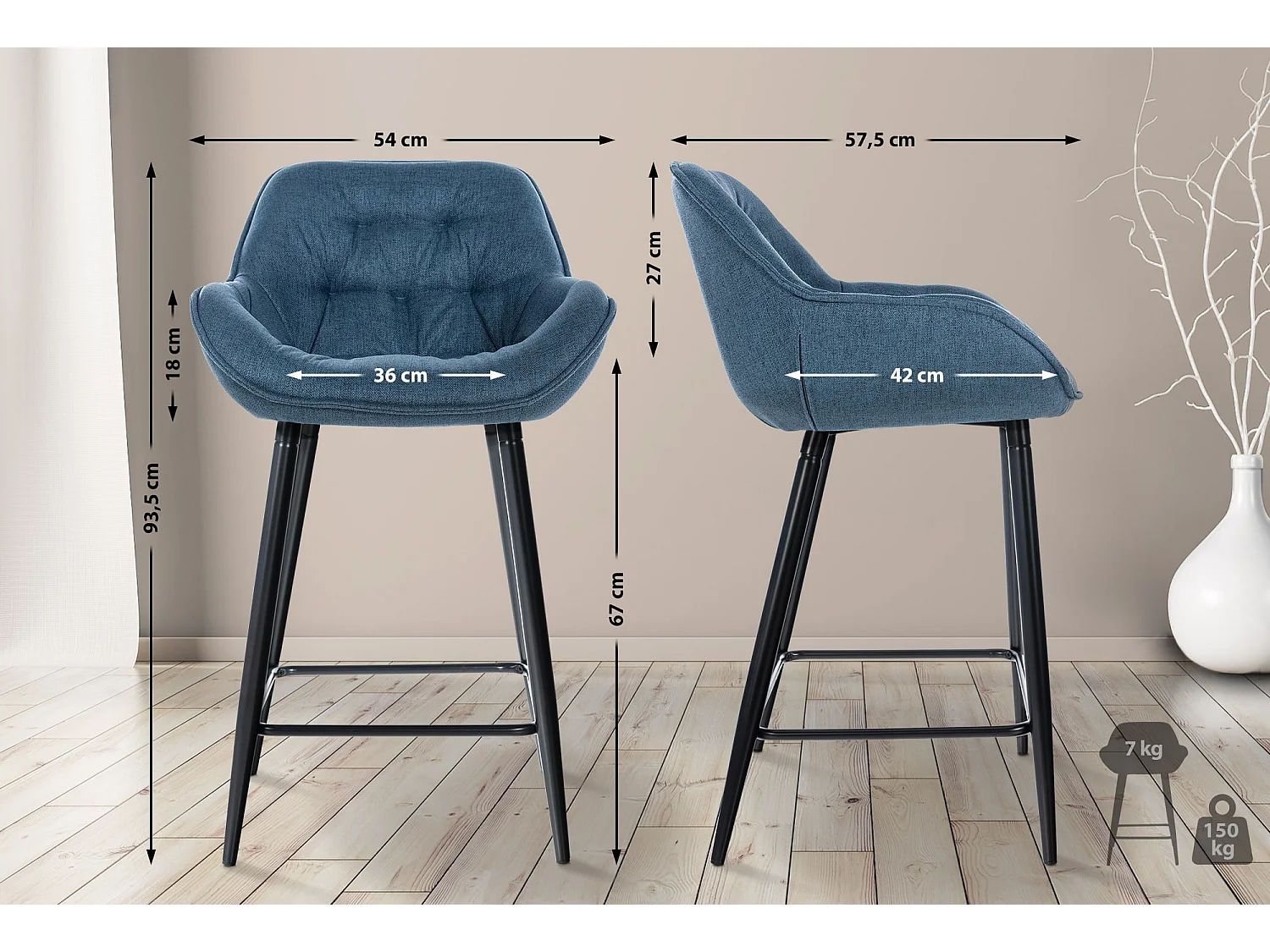Lot de 2  Tabouret de bar - Tissu - Bleu - Gibson