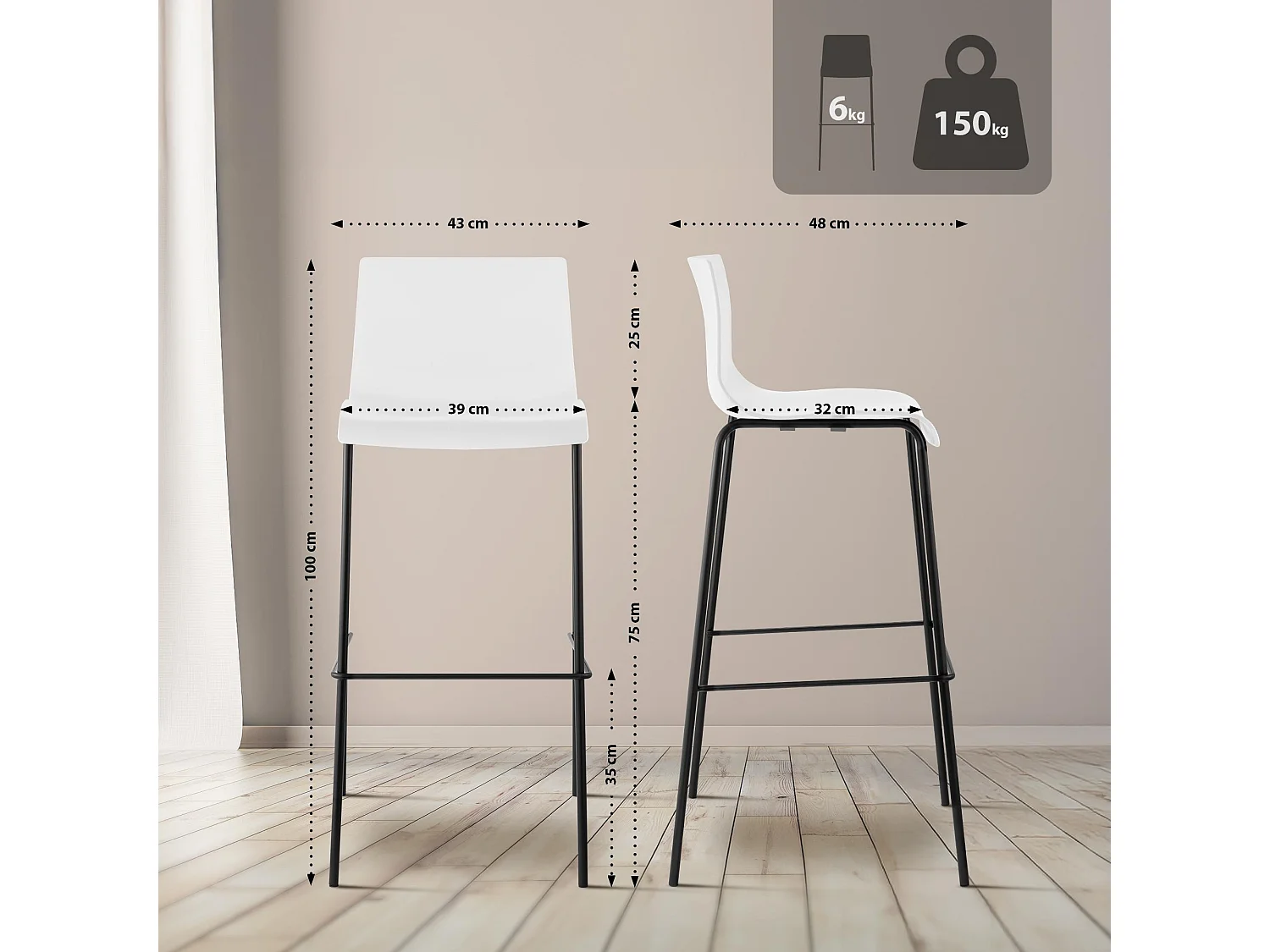 Lot de 2  Tabouret de bar - Plastique & Noir - Blanc - Hover