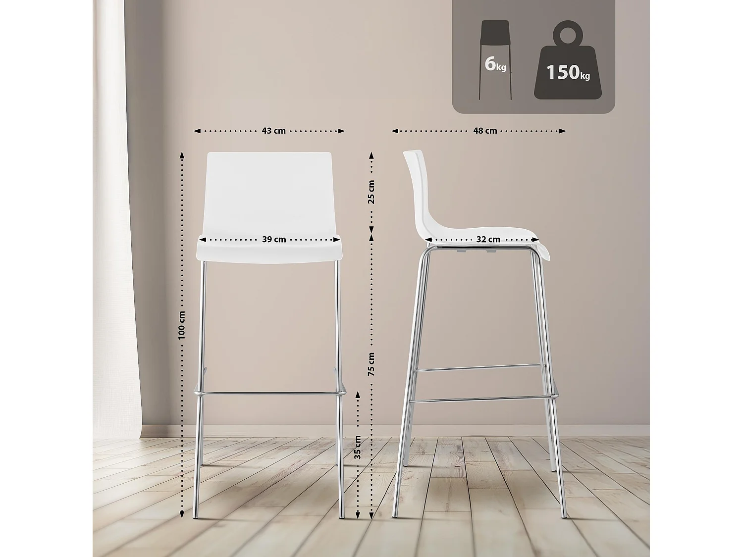 Lot de 2  Tabouret de bar - Plastique & Chrome - Blanc - Hover