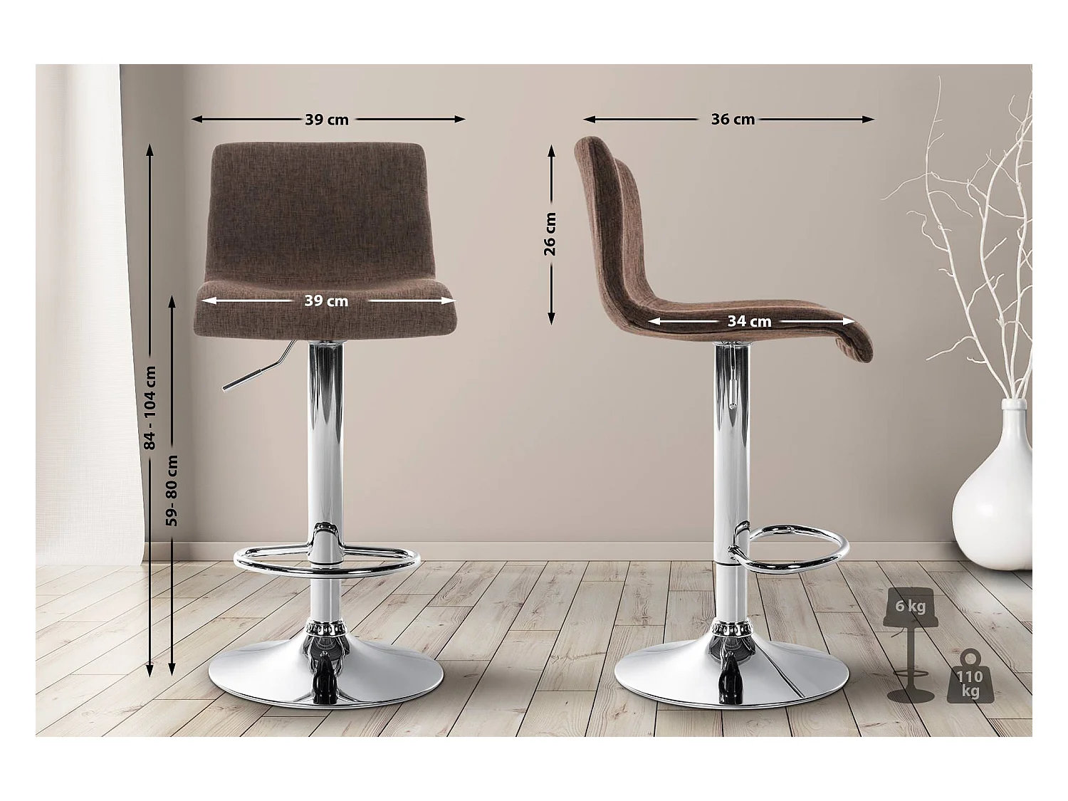 Tabouret de bar - Tissu & Métal chromé - Marron - Hover