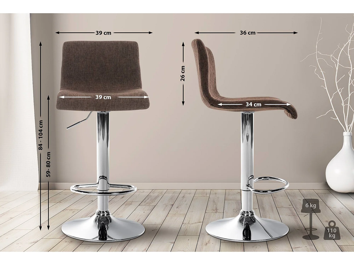 Tabouret de bar - Tissu & Métal chromé - Marron - Hover