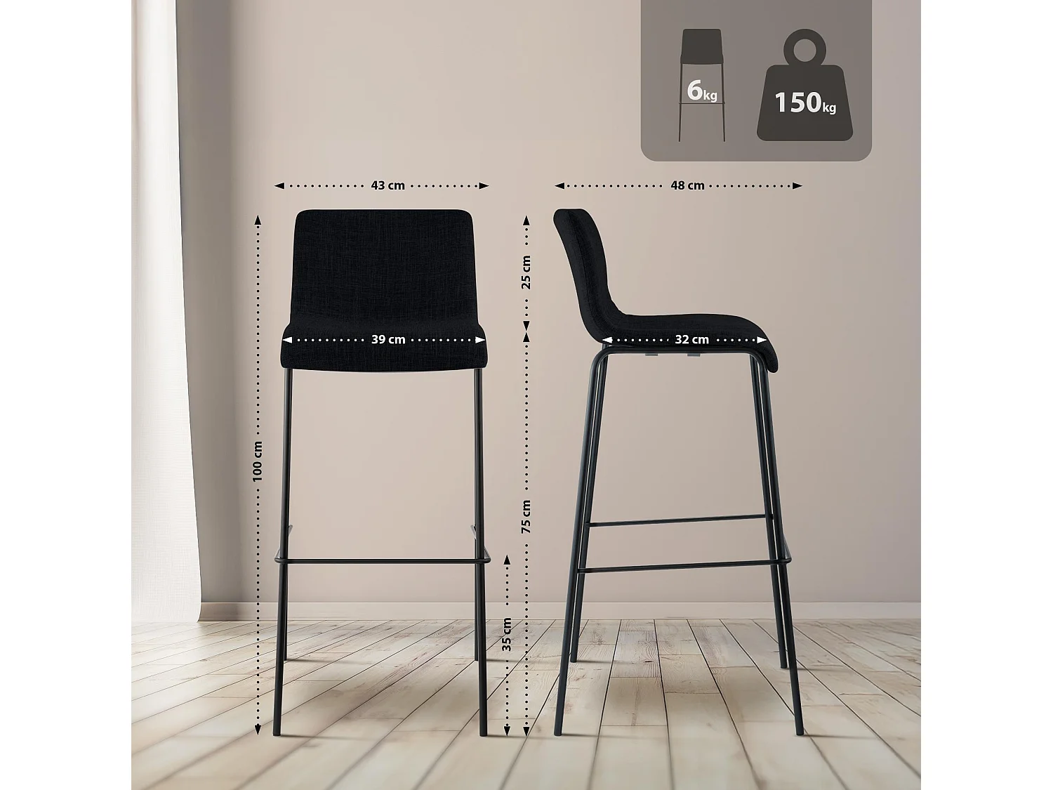 Lot de 2  Tabouret de bar - Tissu & Noir - Noir - Hover