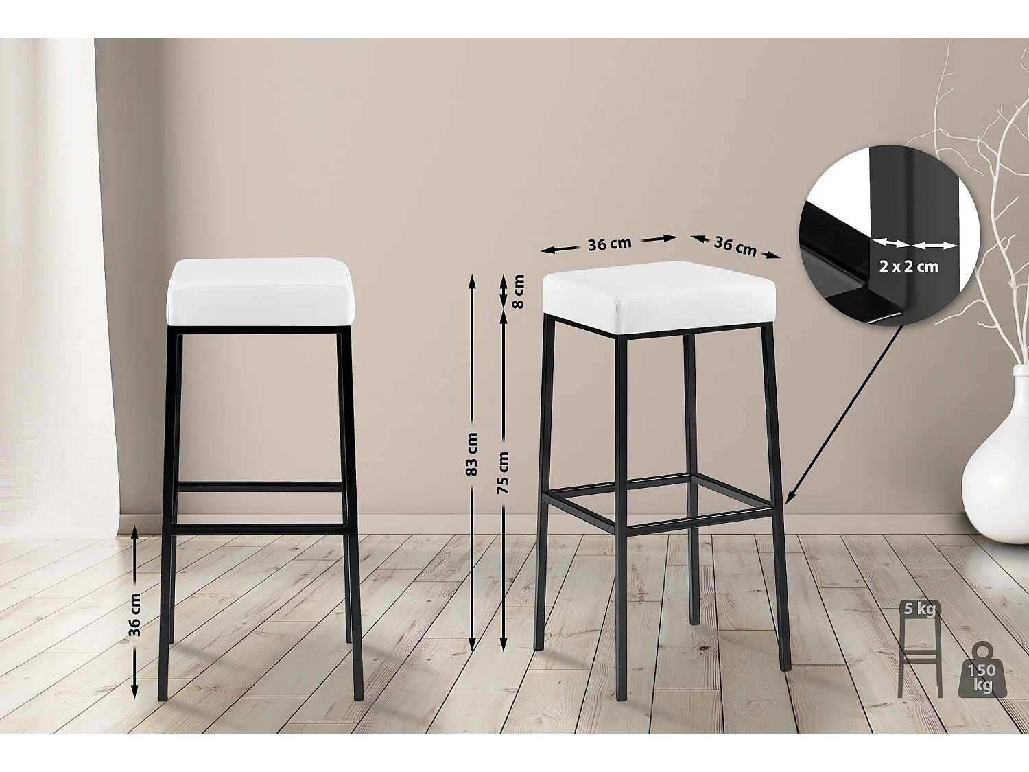 Tabouret de bar - Similicuir & Noir - Blanc - Montreal 85