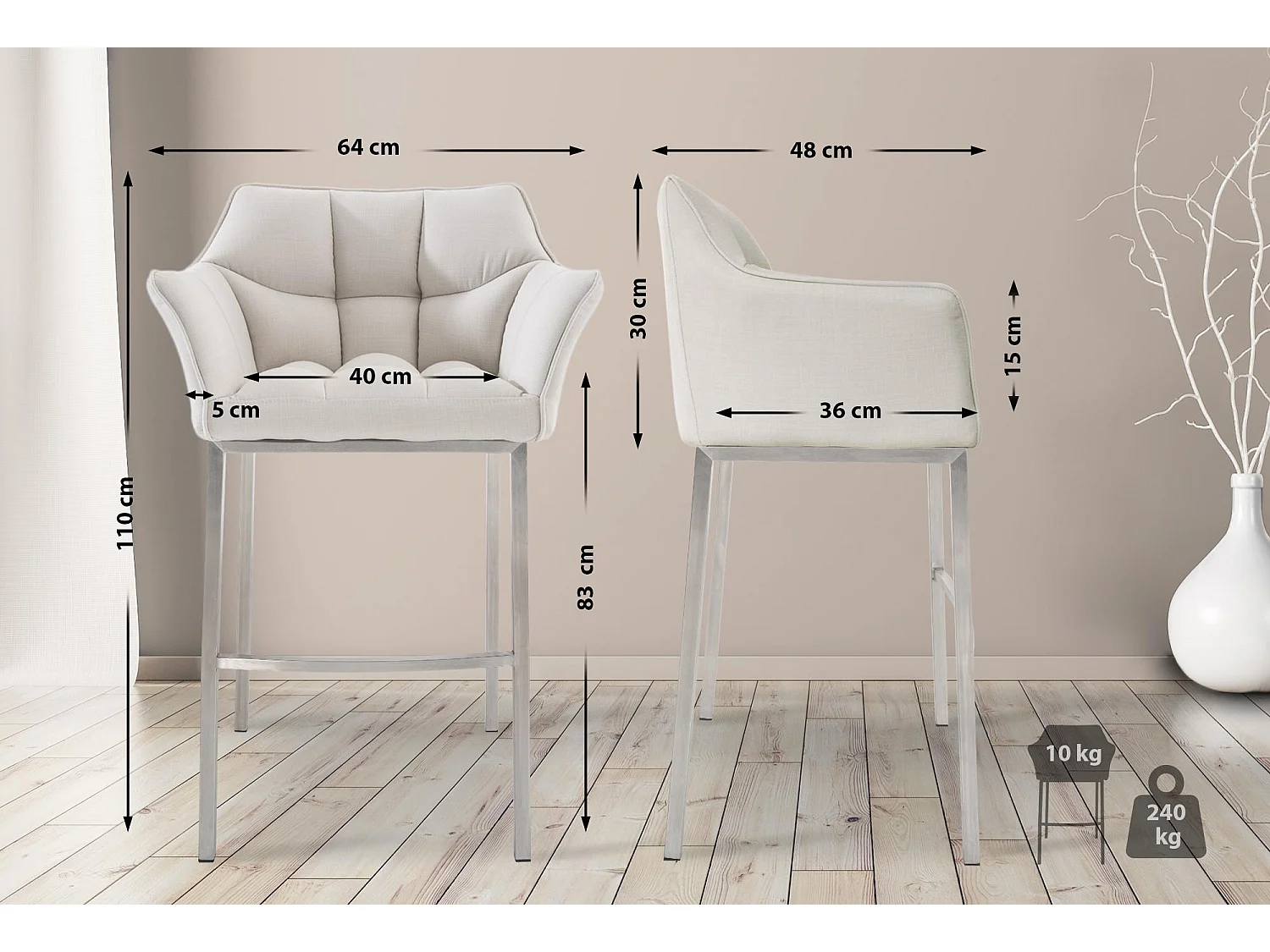 Lot de 2  Tabouret de bar - Tissu & Acier inoxydable - Blanc - Damaso