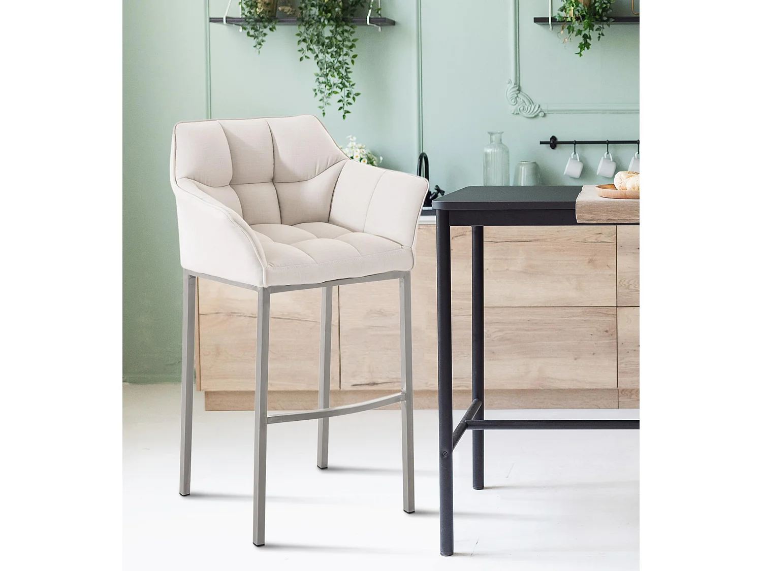 Lot de 2  Tabouret de bar - Tissu & Acier inoxydable - Blanc - Damaso