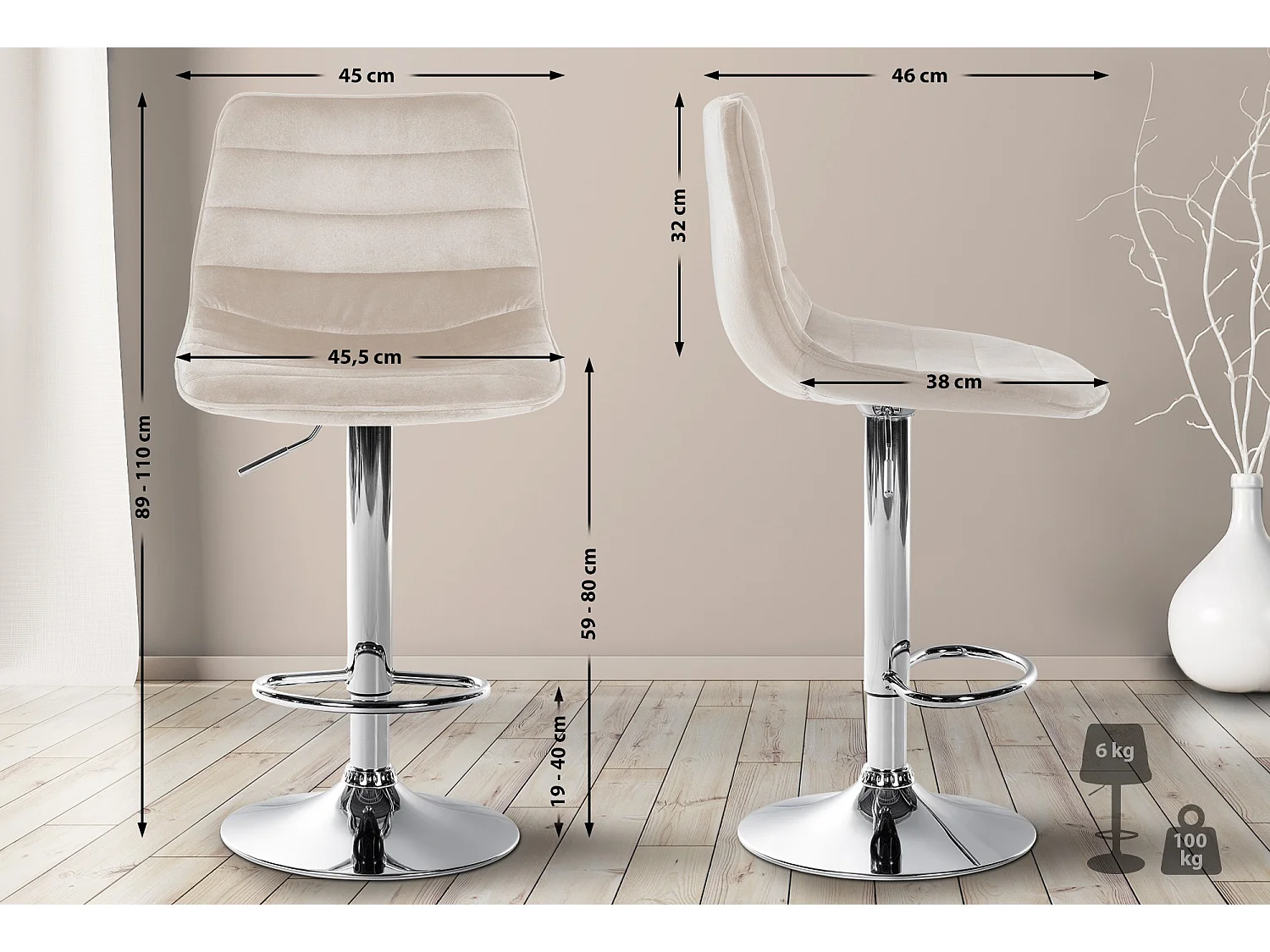 Tabouret de bar - Velours & Métal - Crème - Lex