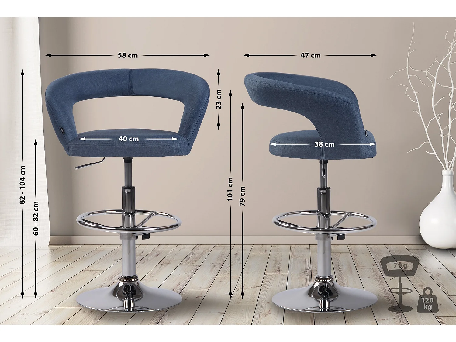 Tabouret de bar - Tissu - Bleu - Jaen