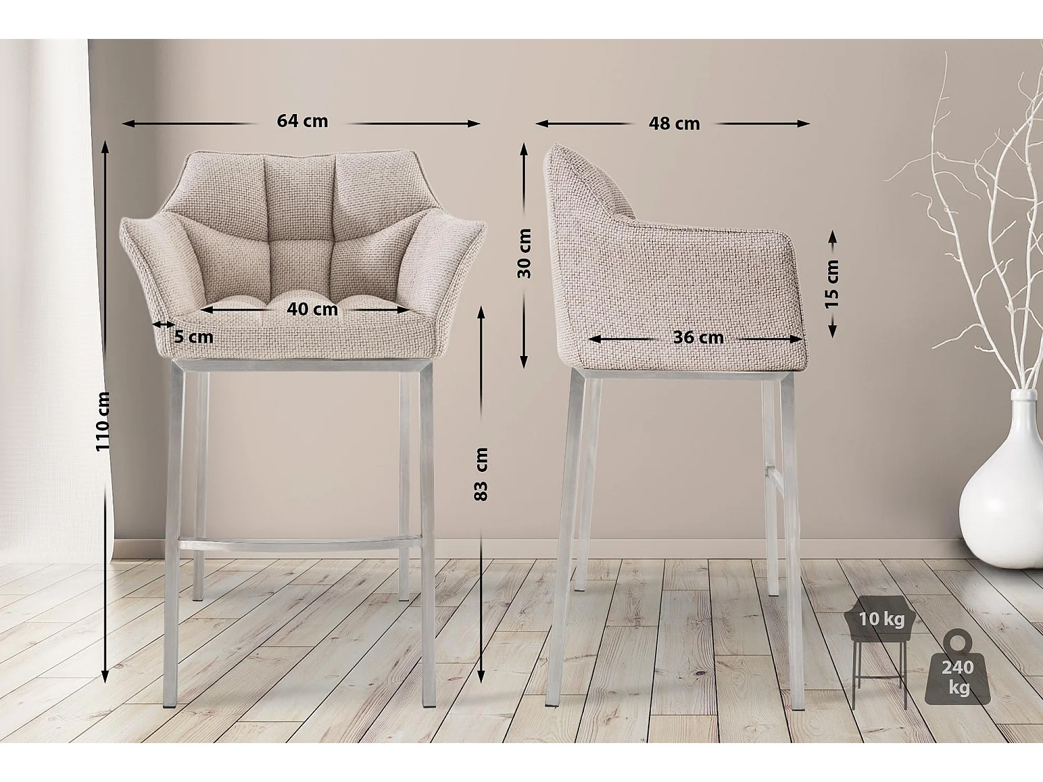 Lot de 2  Tabouret de bar - Tissu & Acier inoxydable - Ivoire - Damaso