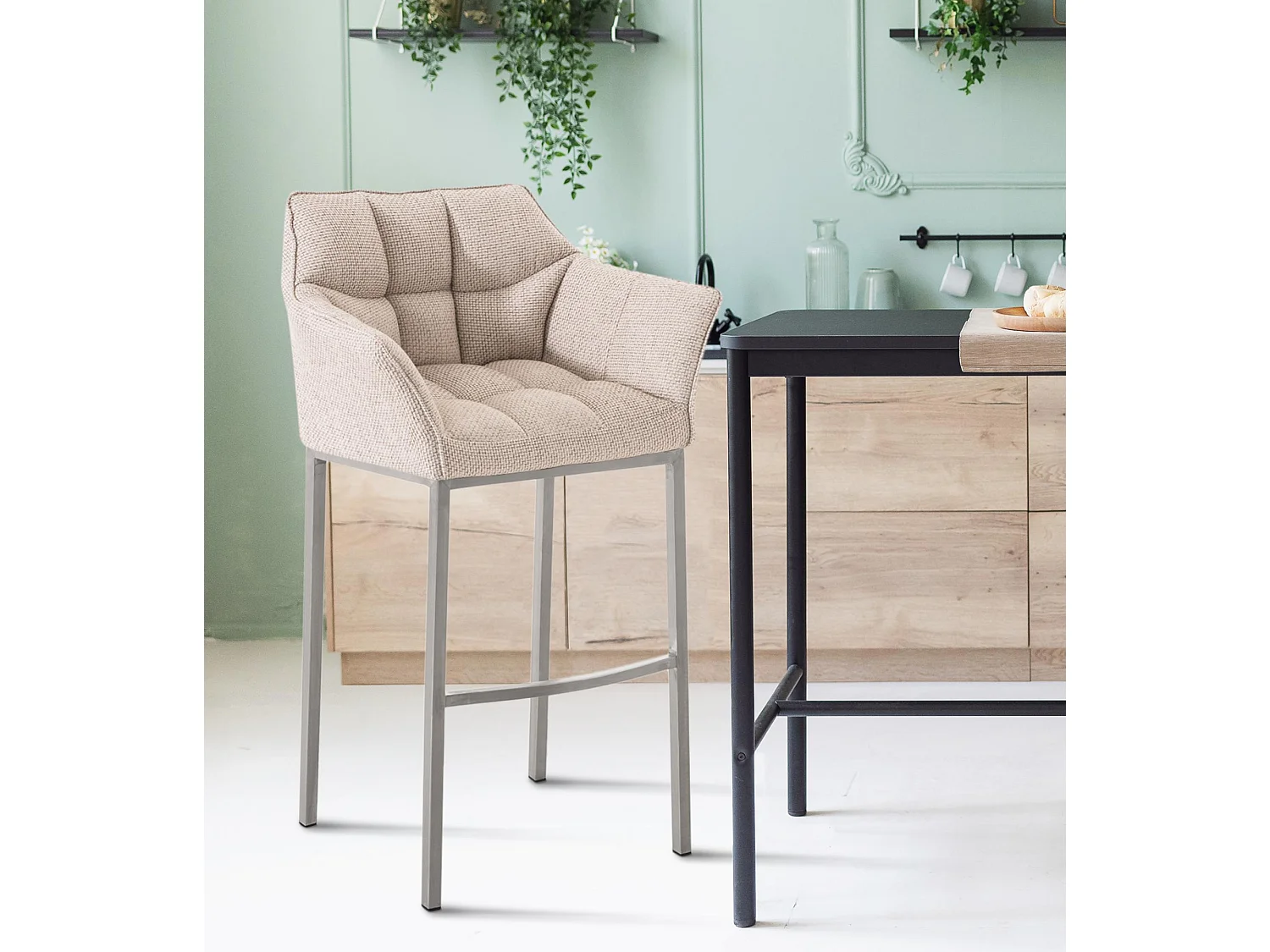 Lot de 2  Tabouret de bar - Tissu & Acier inoxydable - Ivoire - Damaso