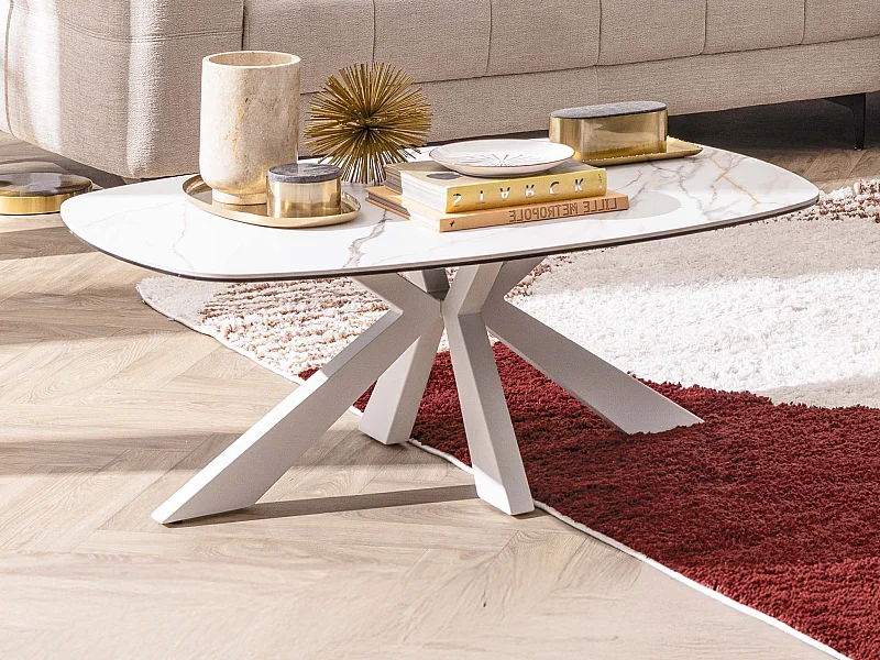 Mesa de centro em vidro temperado, cerâmica e metal efeito mármore branco - DERIYA de Maison Céphy