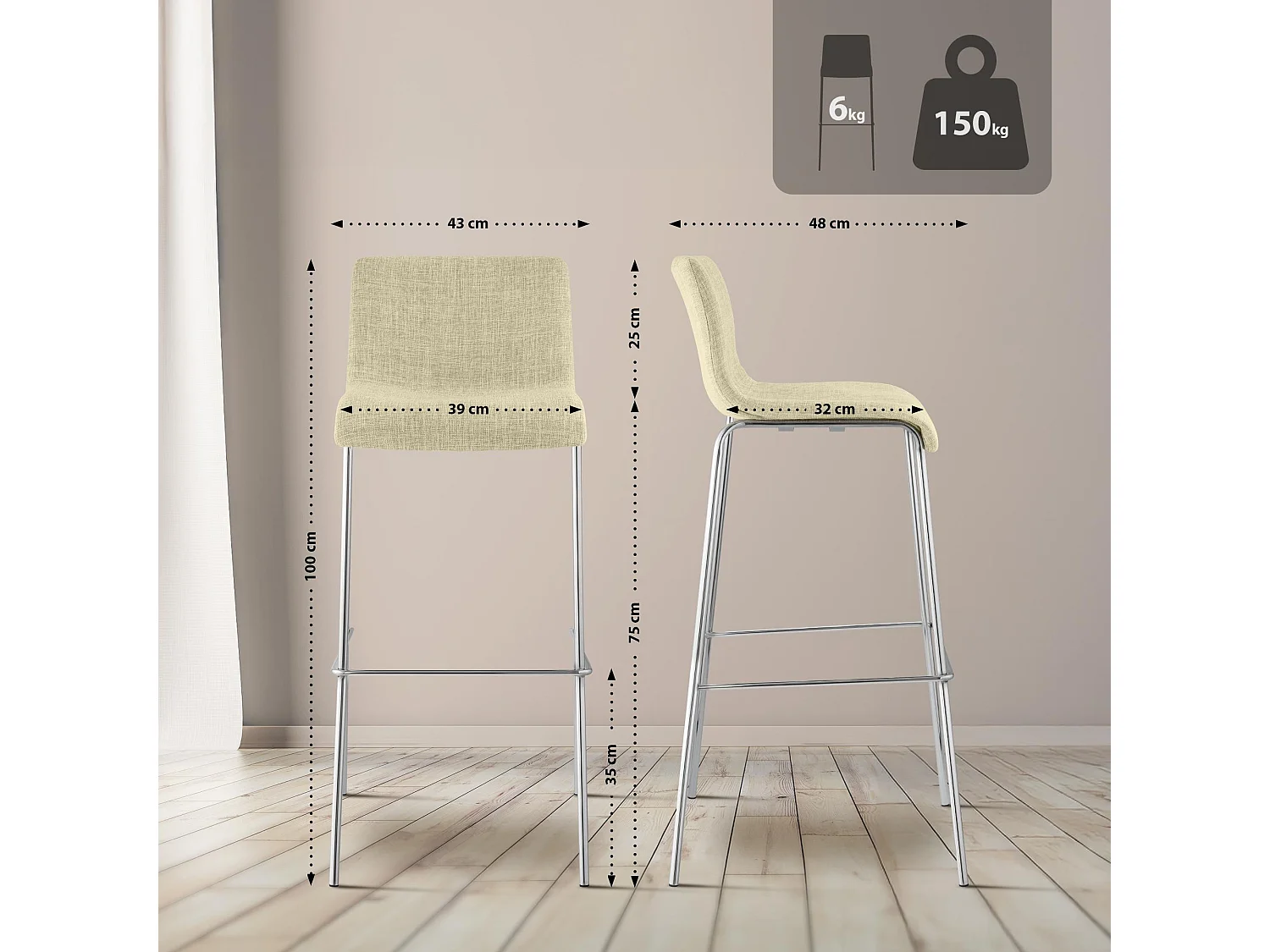 Lot de 2  Tabouret de bar - Tissu & Chrome - Crème - Hover