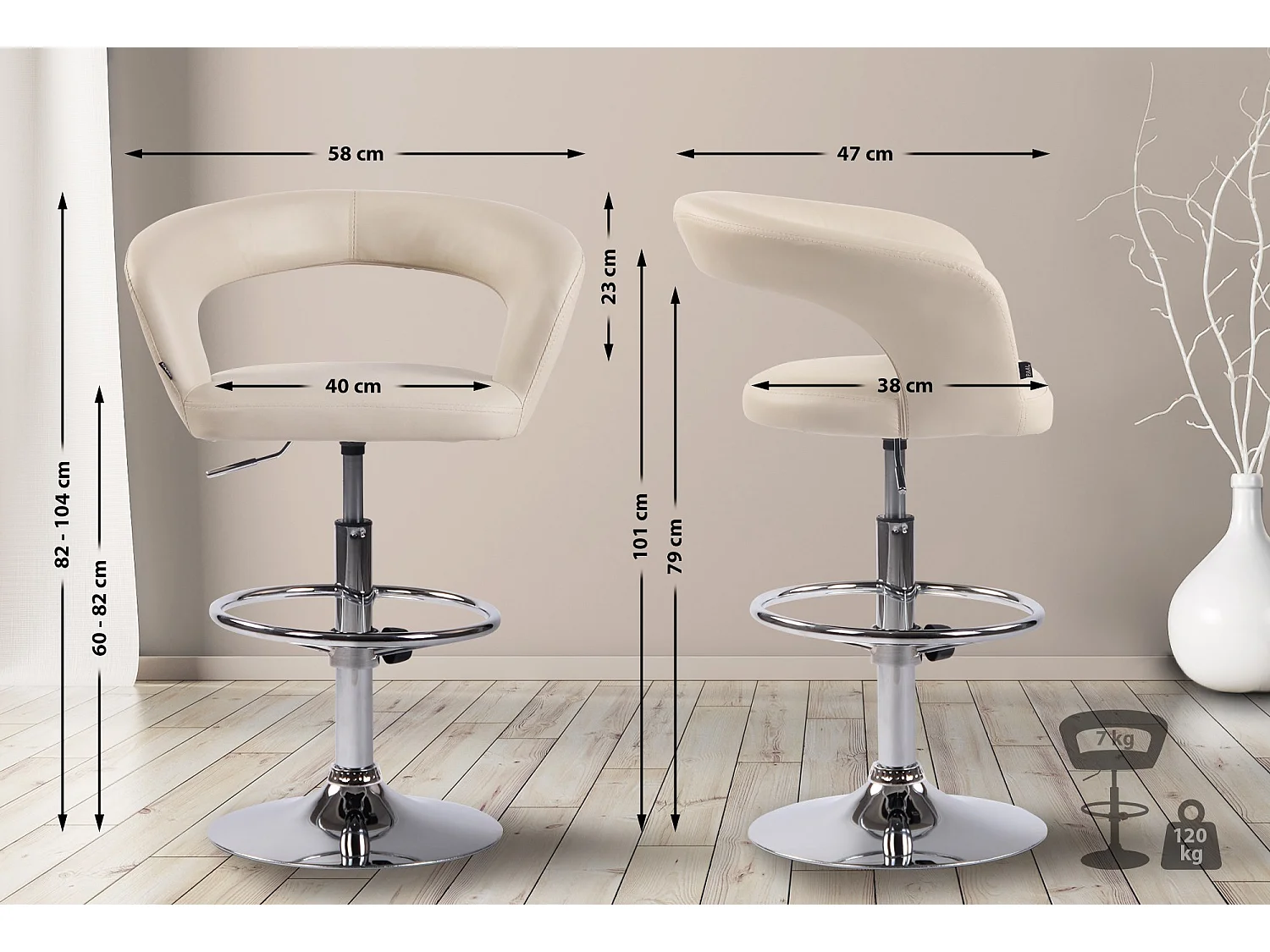 Tabouret de bar - Similicuir & Métal chromé - Crème - Jaen