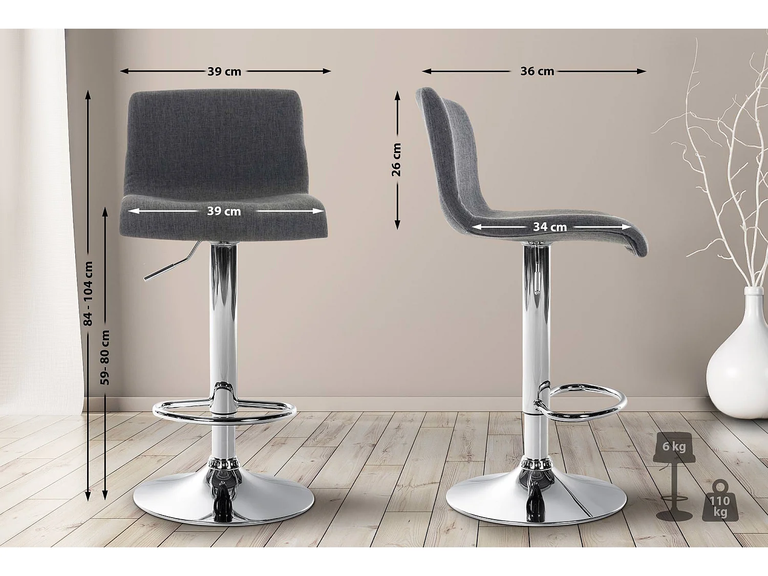 Tabouret de bar - Tissu & Métal chromé - Gris foncé - Hover