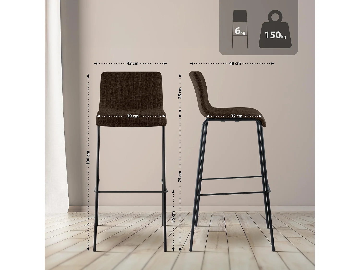 Lot de 2  Tabouret de bar - Tissu & Noir - Marron - Hover