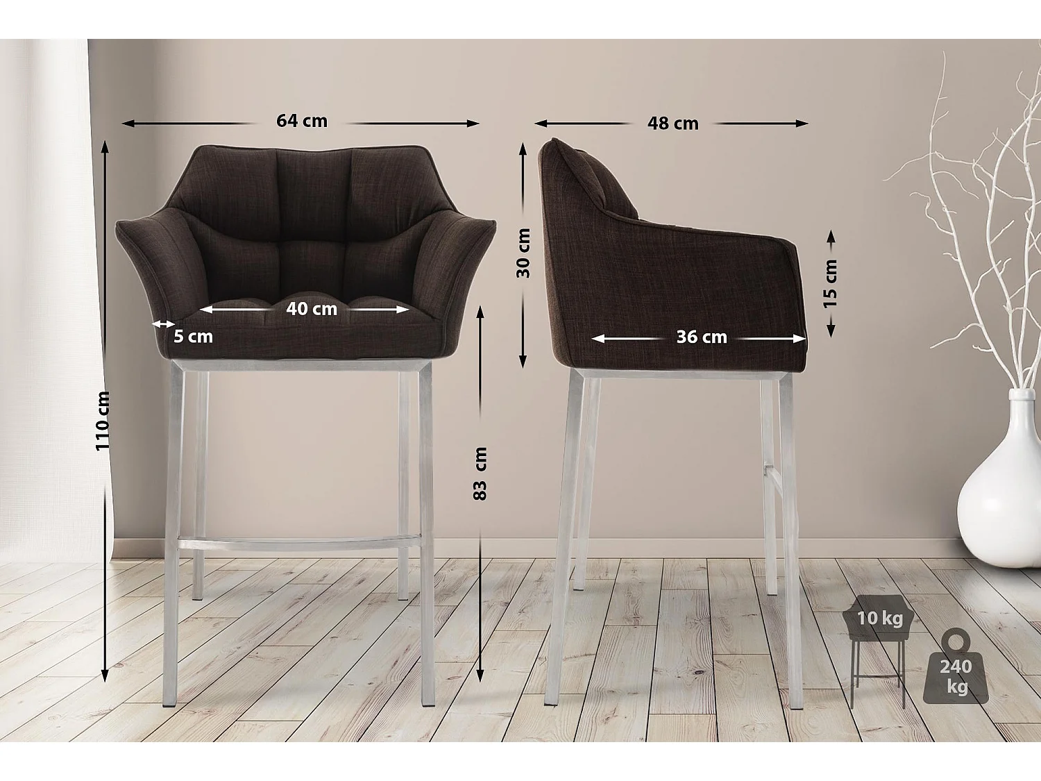 Lot de 2  Tabouret de bar - Tissu & Acier inoxydable - Marron - Damaso