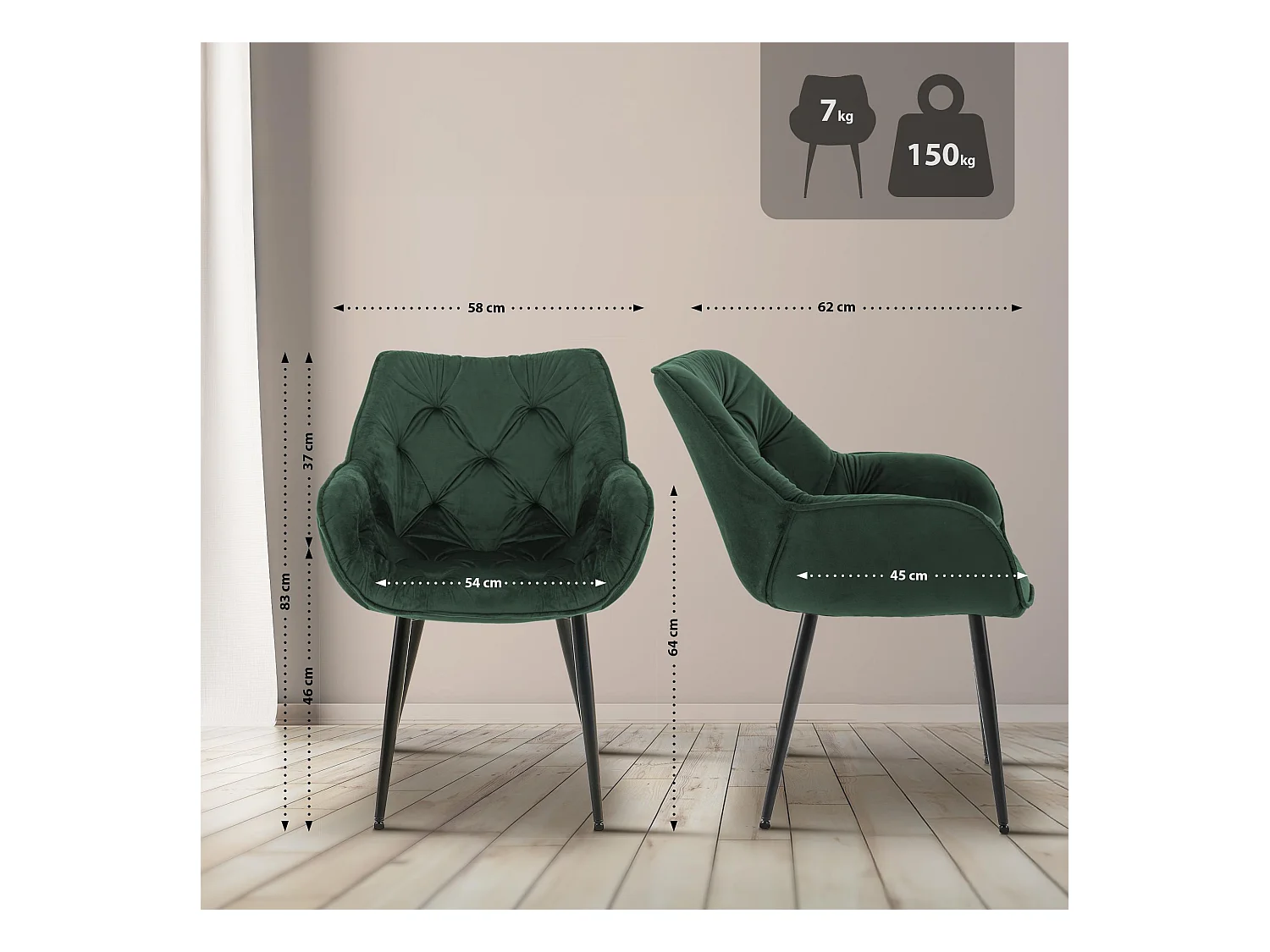 Lot de 4  chaises avec accoudoirs - Velours - Vert - Tanna