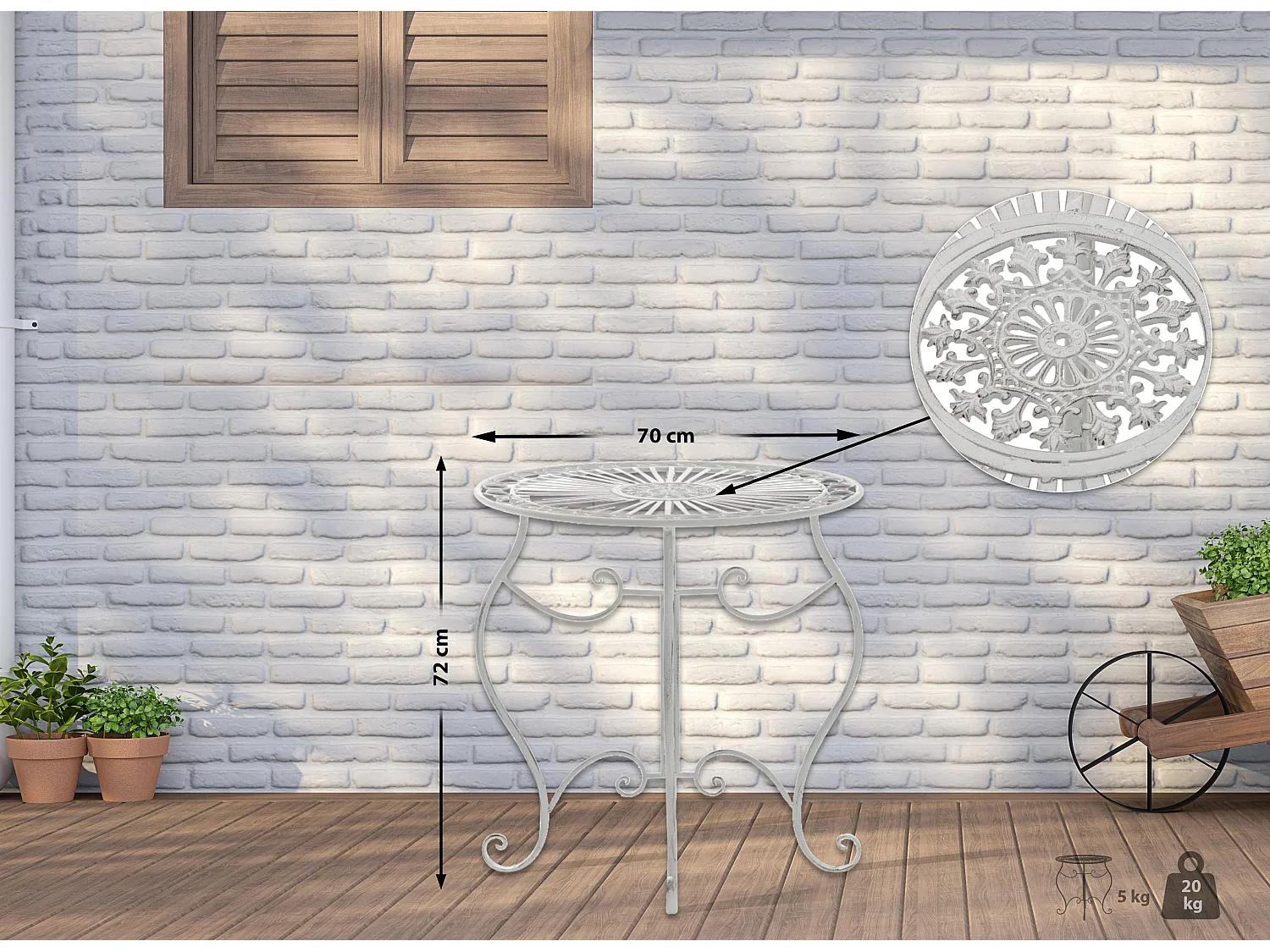 Table d'appoint de jardin - rond Ø 70 cm - Métal - Blanc antique - Indra