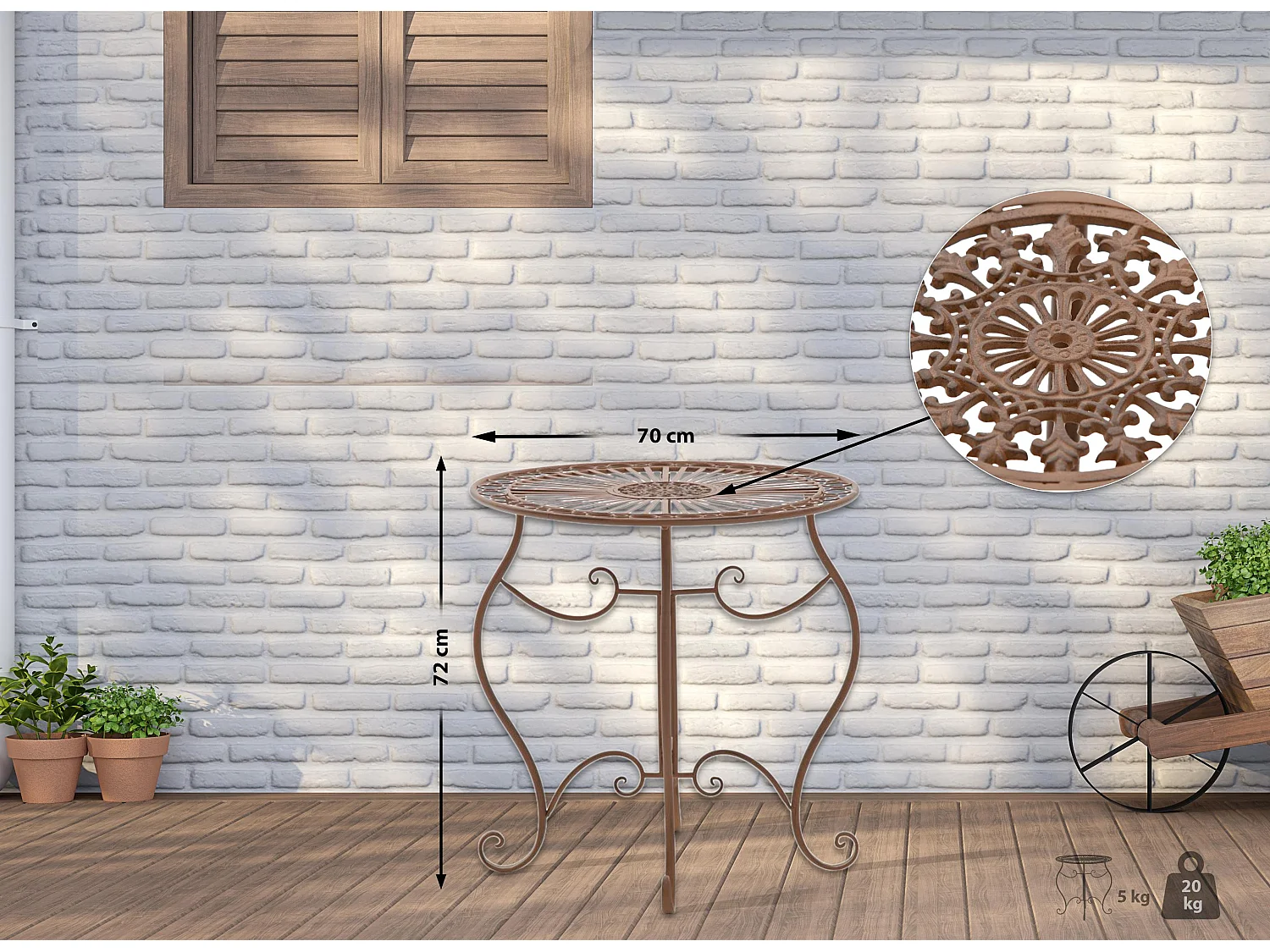 Table d'appoint de jardin - rond Ø 70 cm - Métal - Marron antique - Indra