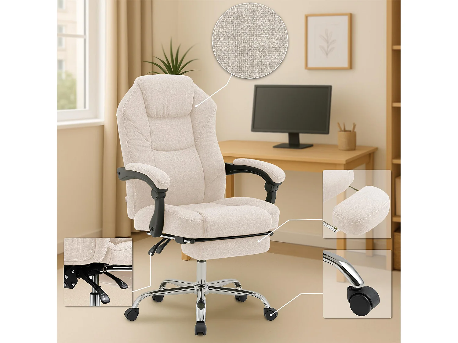 Chaise de bureau - Tissu - Crème - Castle