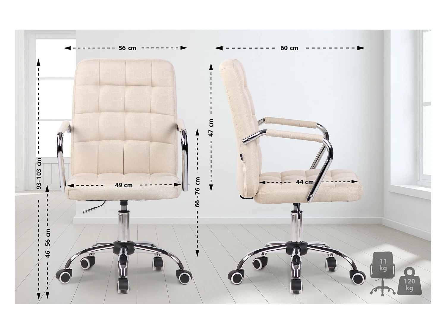 Chaise de bureau - Tissu & Métal chromé - Crème - Terni