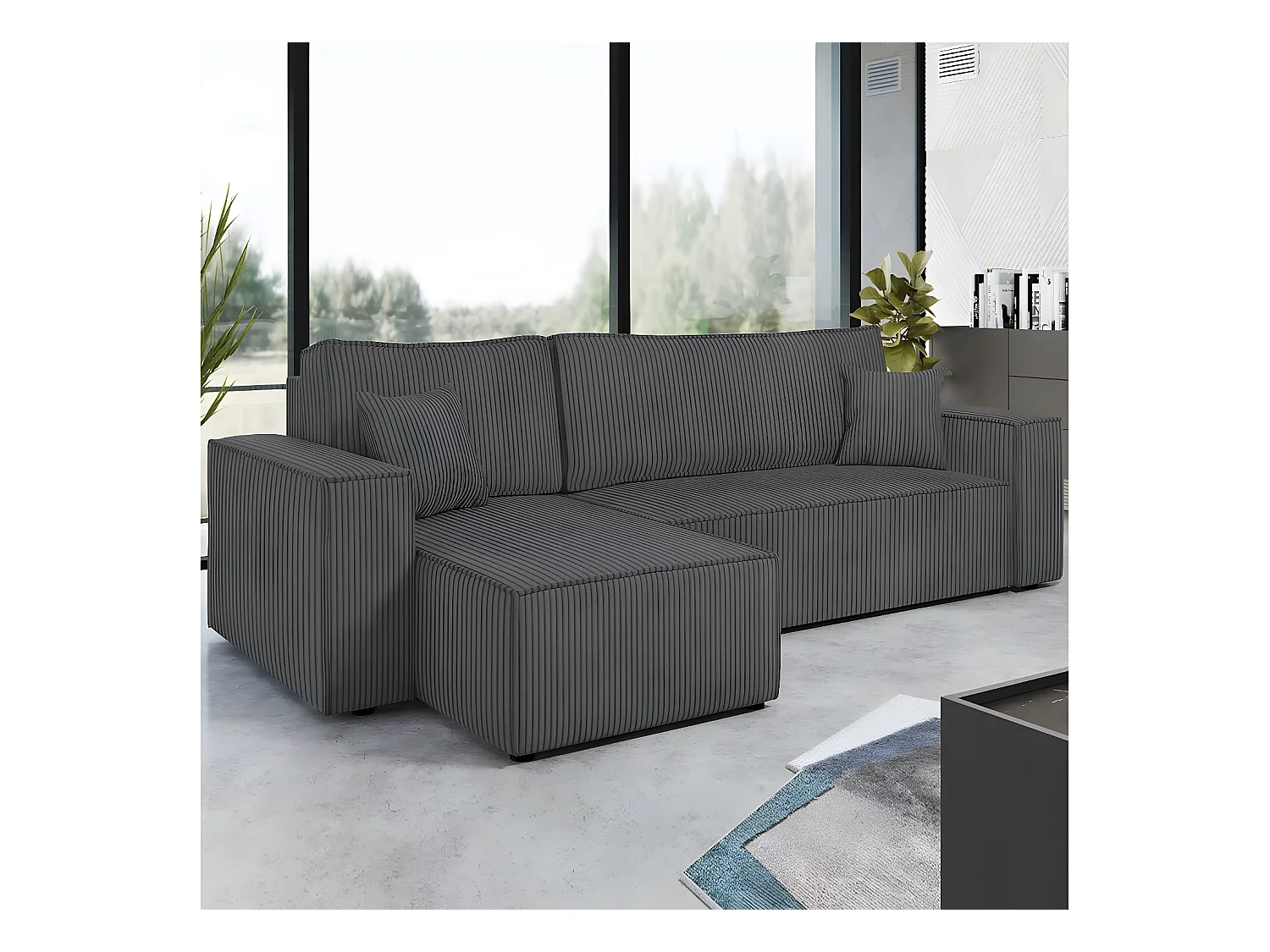 Canapé d'angle convertible en velours côtelé "Karl " - 3 places - Gris foncé