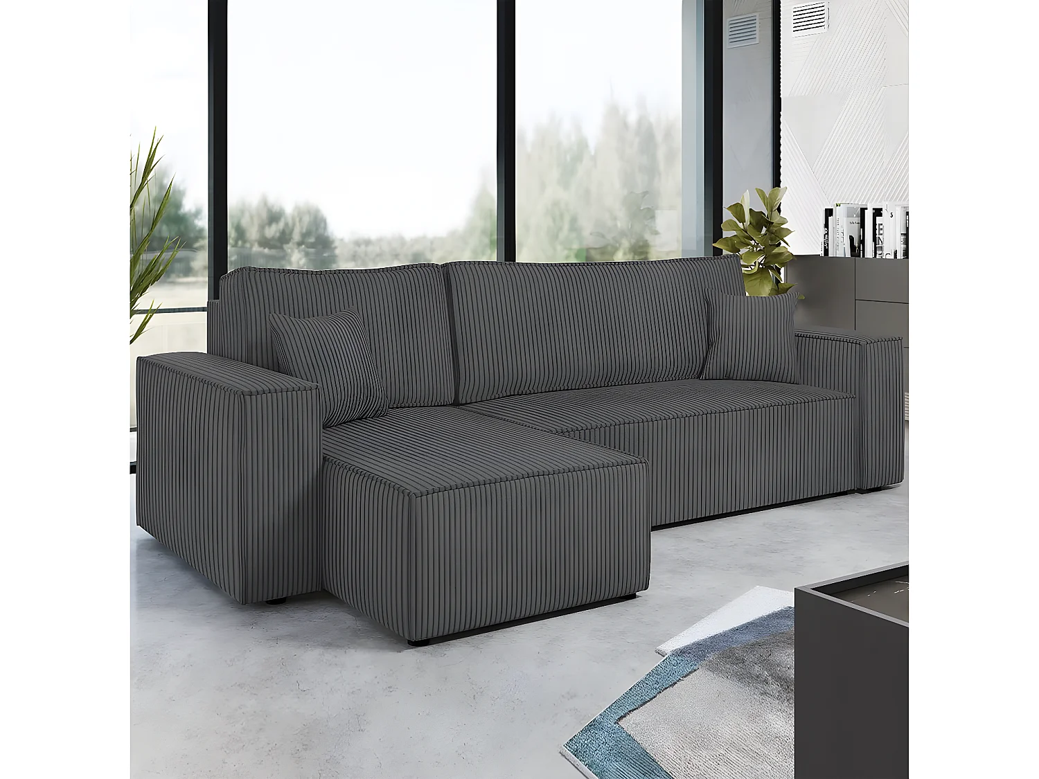 Canapé d'angle convertible en velours côtelé "Karl " - 3 places - Gris foncé