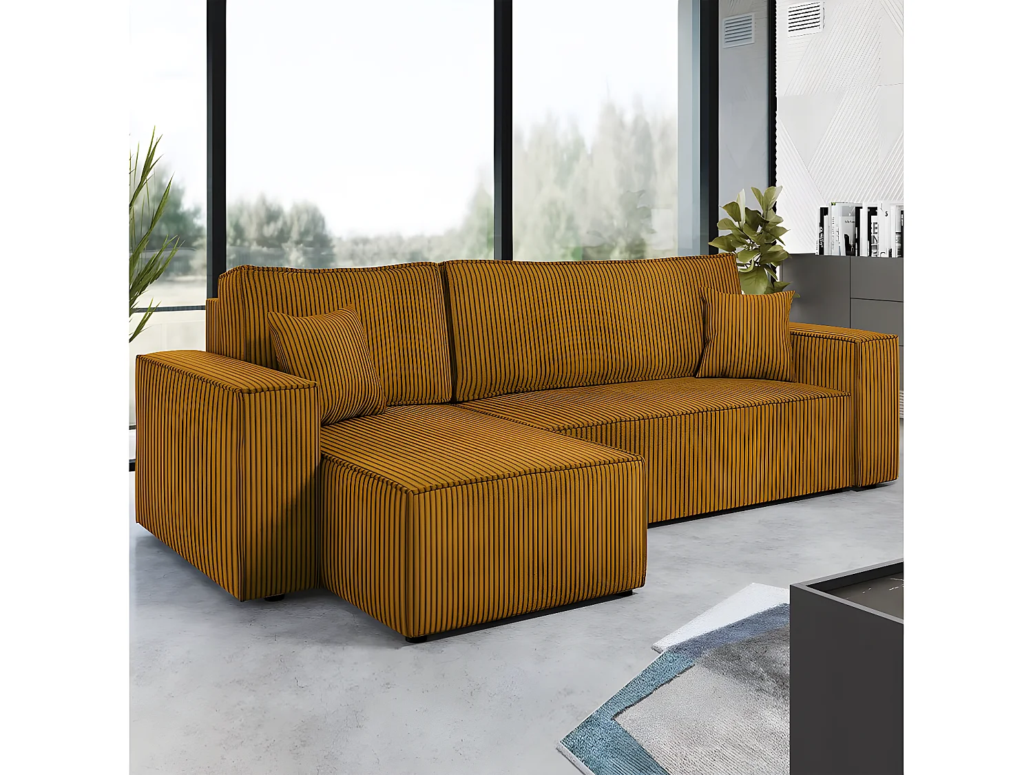 Canapé d'angle convertible en velours côtelé "Karl " - 3 places - Jaune