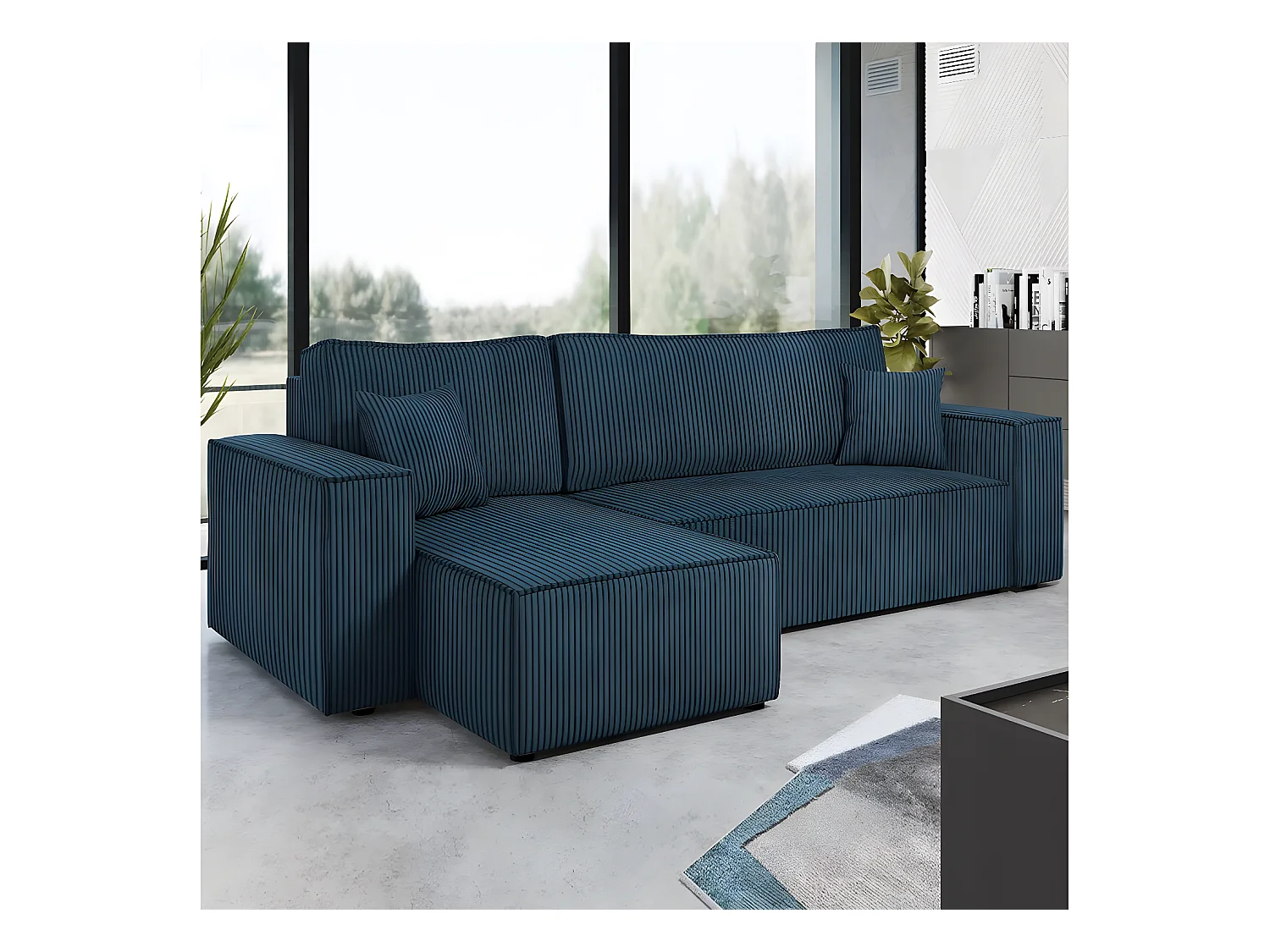Ecksofa aus geripptem Samt "Karl" mit Stauraum - Blau - 3-Sitzer
