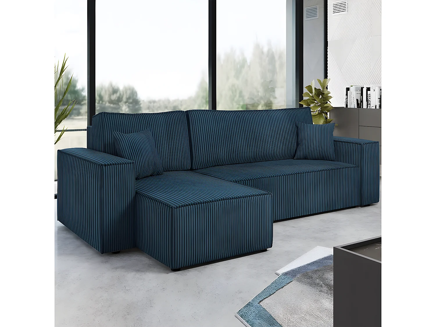 Canapé d'angle convertible en velours côtelé "Karl " - 3 places - Bleu