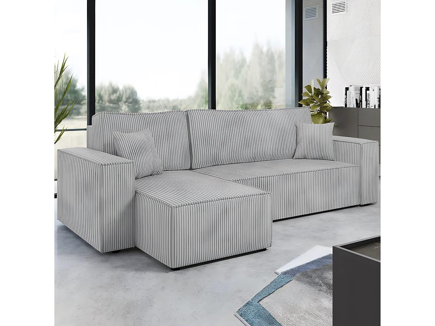 Canapé d'angle convertible en velours côtelé "Karl " - 3 places - Gris clair