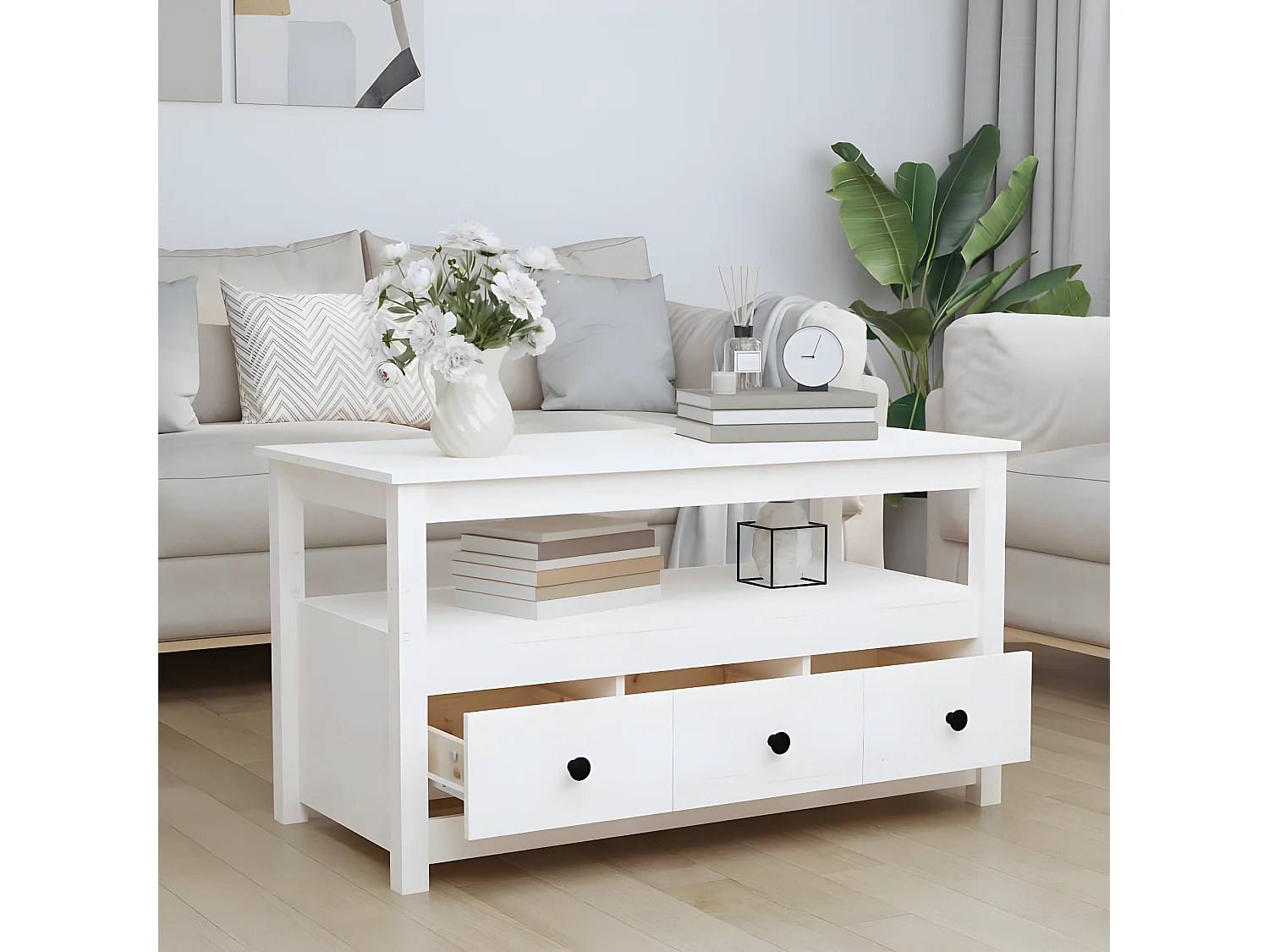 Couchtisch Beistelltisch Weiß 102x49x55 cm Massivholz Kiefer -MN81821