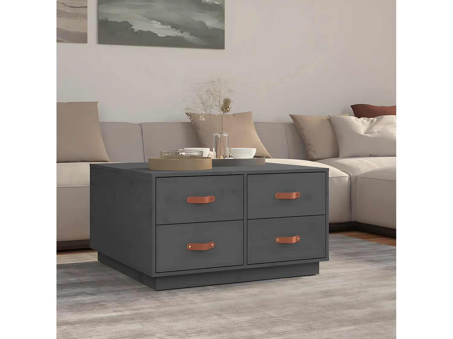 Couchtisch Beistelltisch Grau 80x80x45 cm Massivholz Kiefer -MN23605