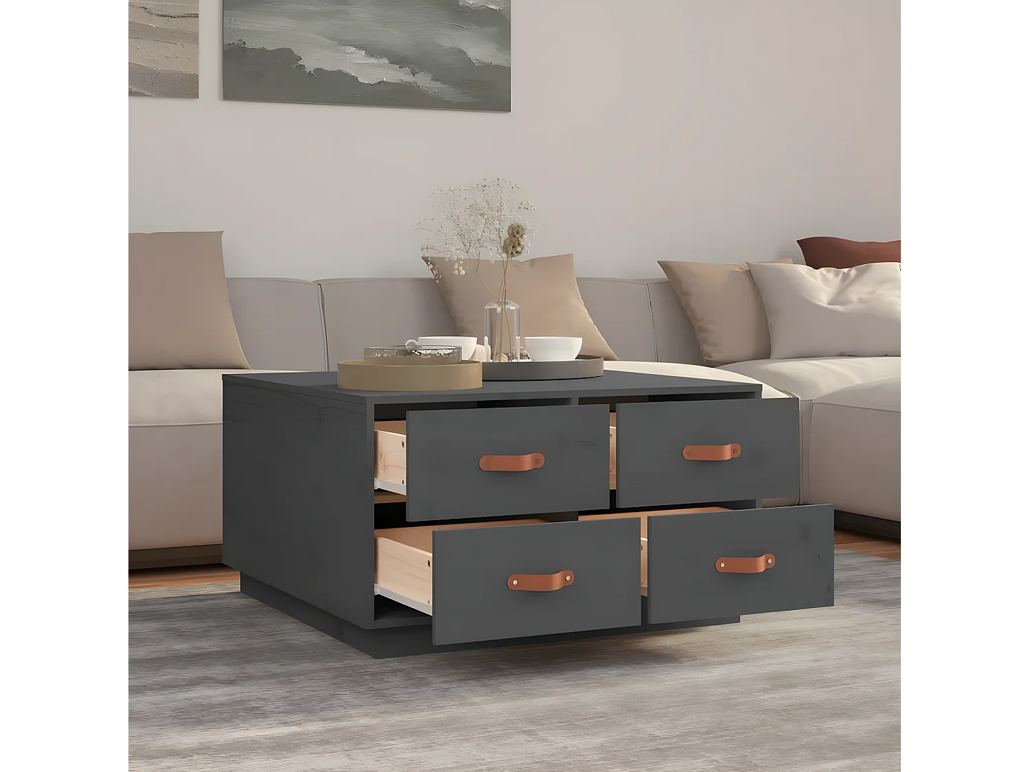 Couchtisch Beistelltisch Grau 80x80x45 cm Massivholz Kiefer -MN23605