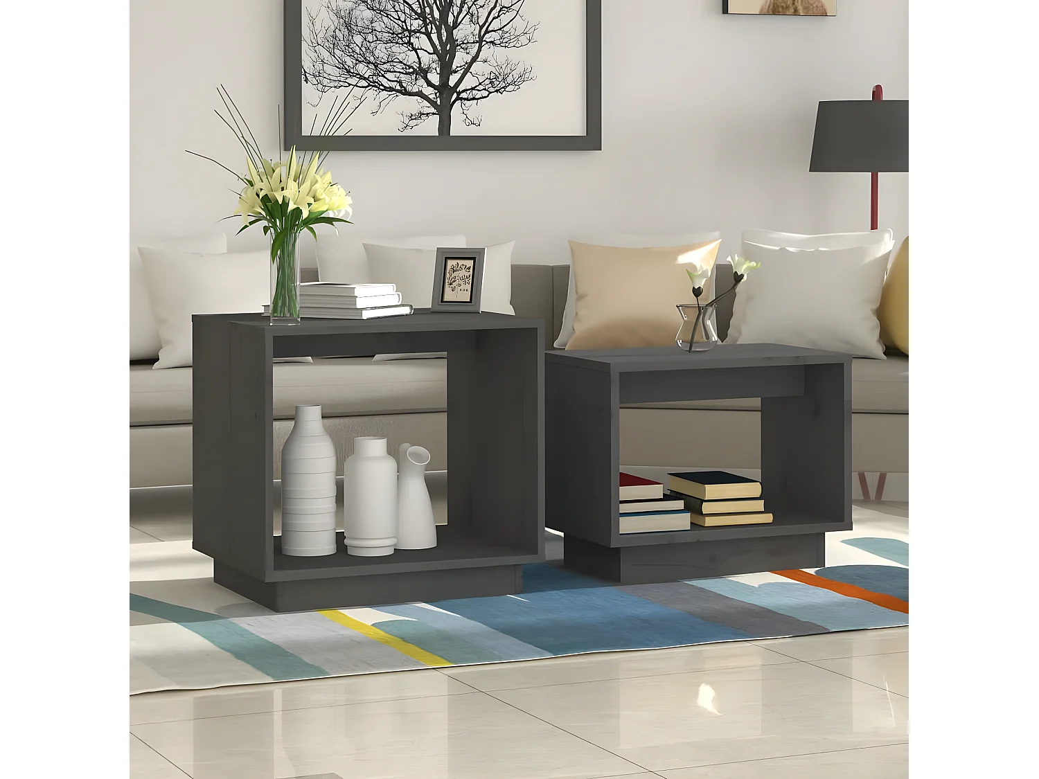 2er-Set Satztische Couchtische Grau Massivholz Kiefer -MN90765