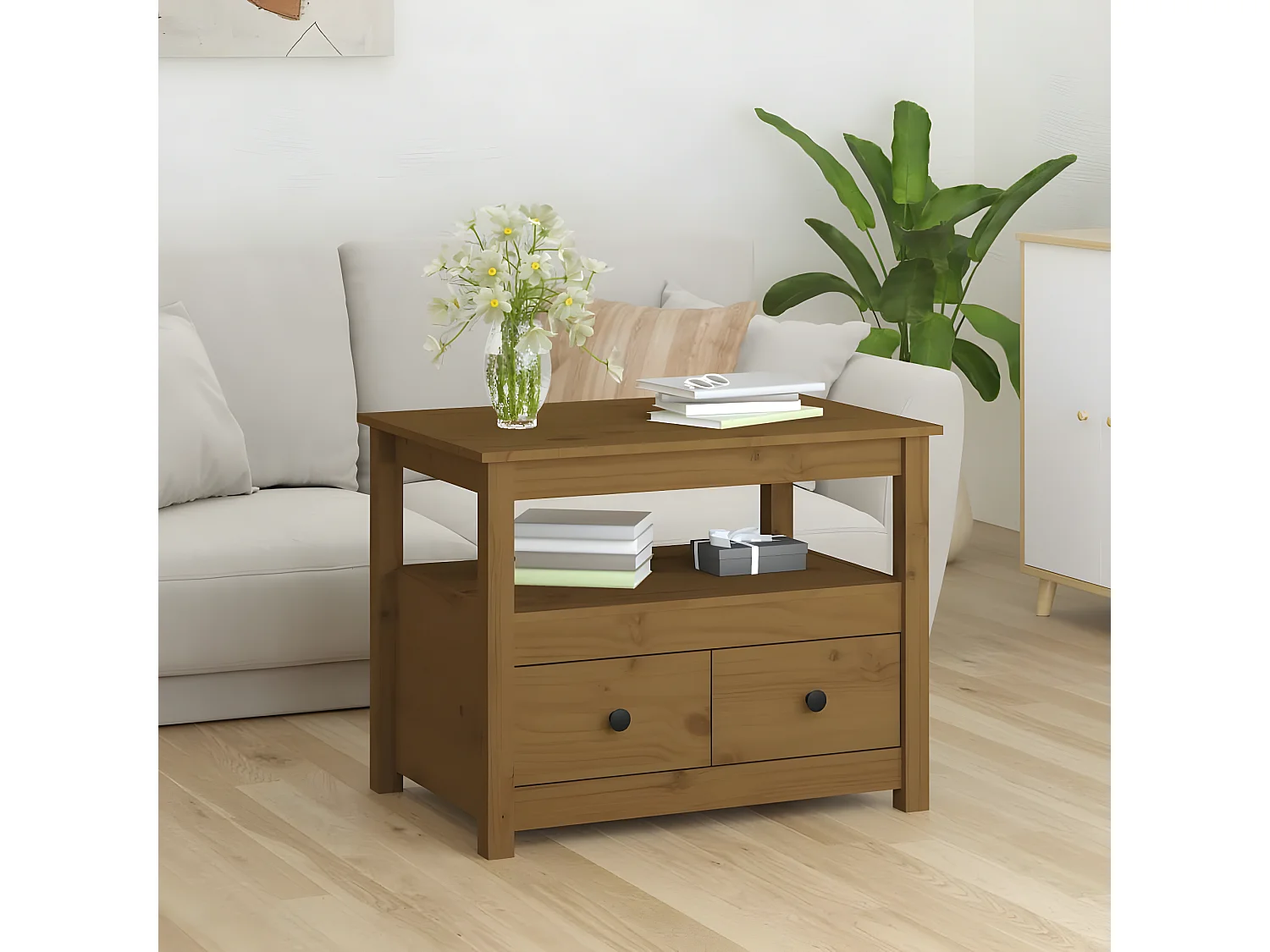 Couchtisch Beistelltisch Honigbraun 71x49x55 cm Massivholz Kiefer -MN20987