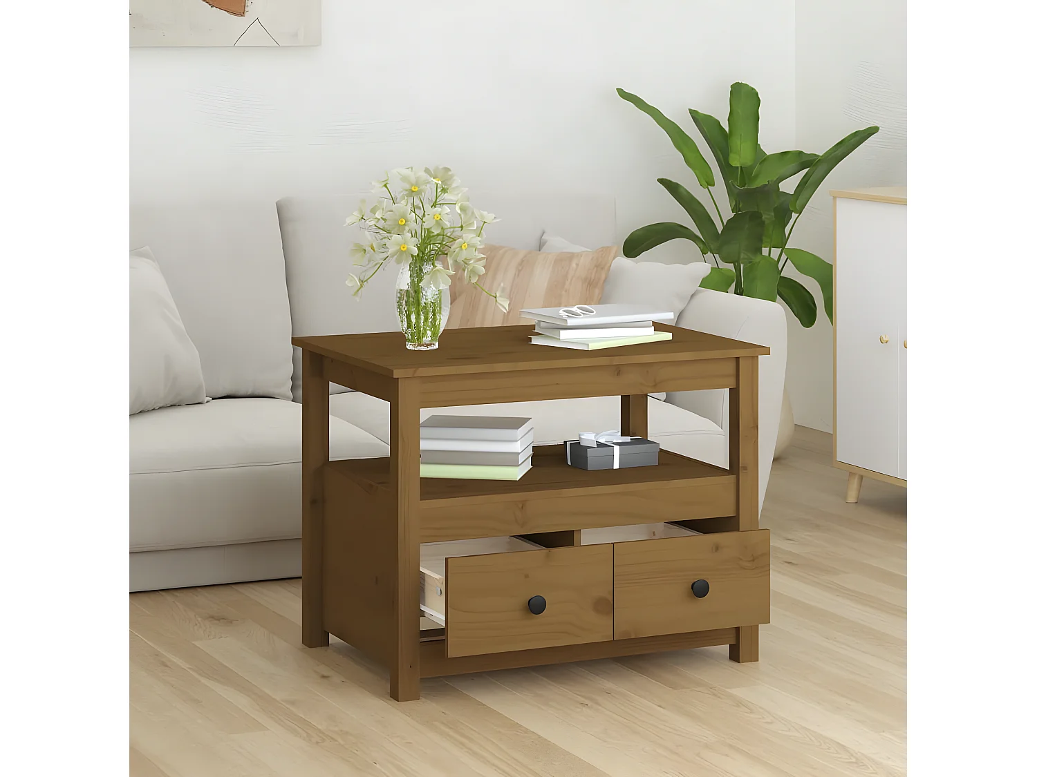 Couchtisch Beistelltisch Honigbraun 71x49x55 cm Massivholz Kiefer -MN20987