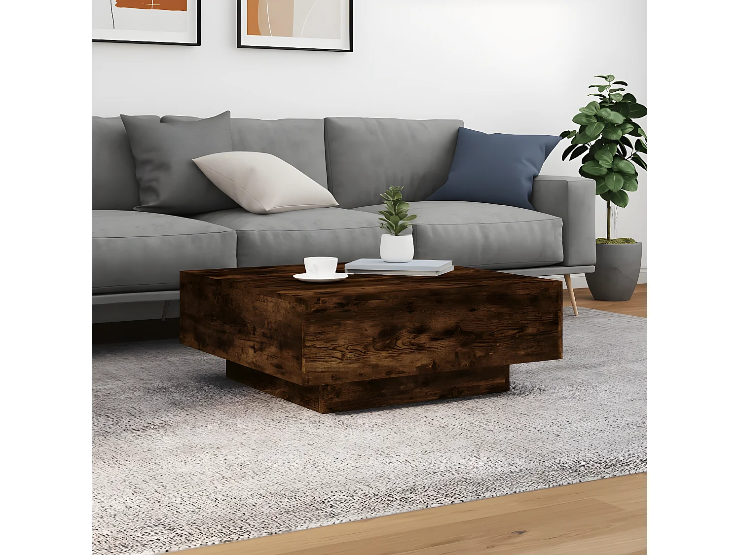 Couchtisch Beistelltisch mit LED-Leuchten Räuchereiche 80x80x31 cm -MN94527