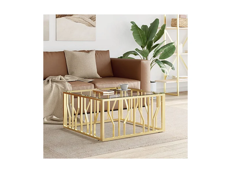 Couchtisch Beistelltisch Golden 80x80x40 cm Edelstahl und Glas -MN95314