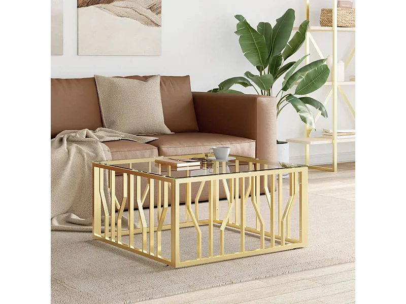 Couchtisch Beistelltisch Golden 80x80x40 cm Edelstahl und Glas -MN95314