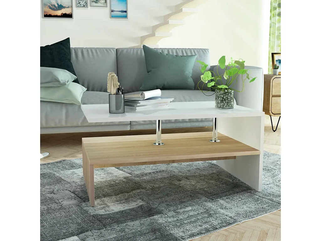 Couchtisch Beistelltisch Holzwerkstoff 90x59x42 cm Eiche und Weiß -MN54616