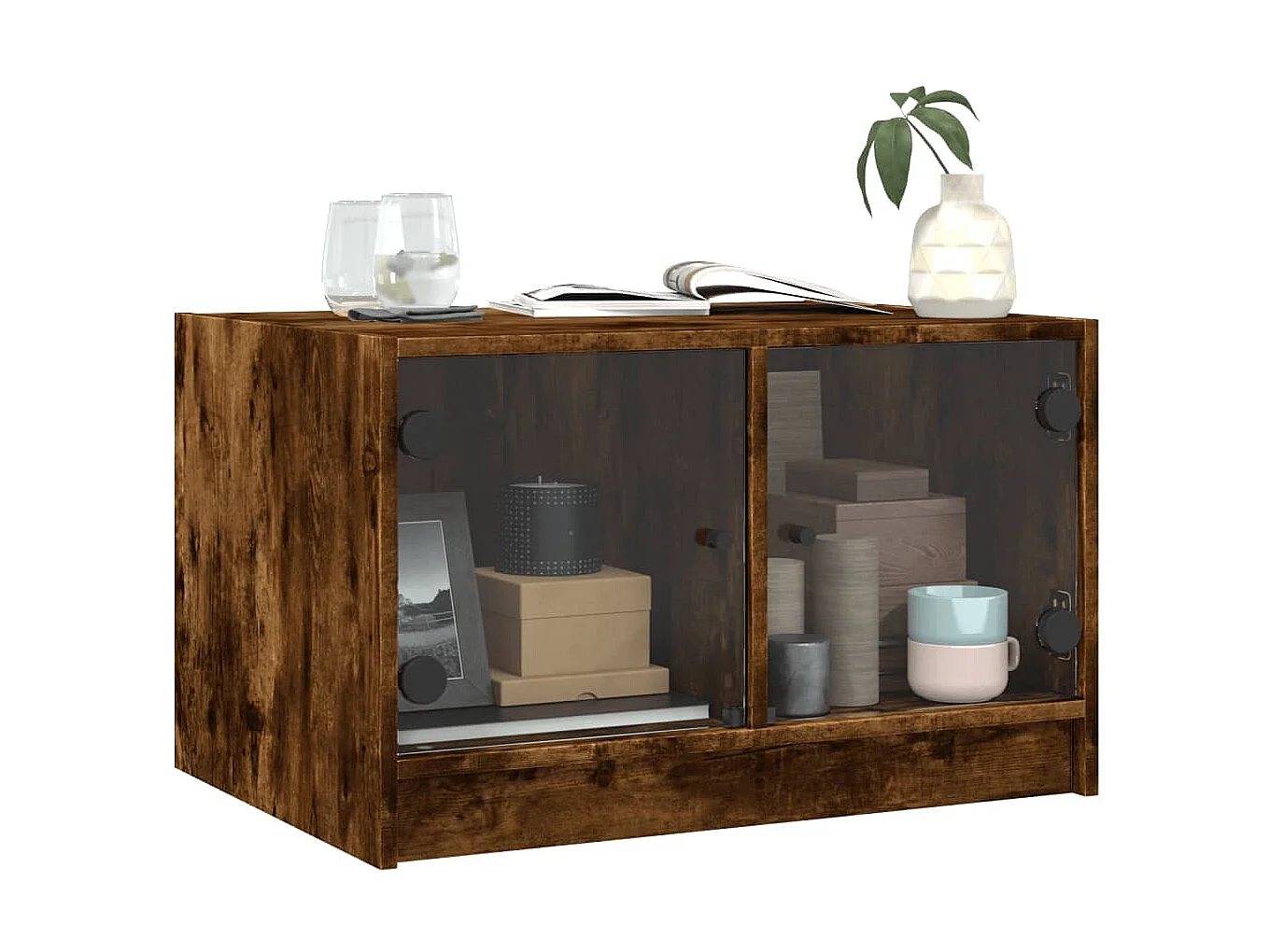 Couchtisch Beistelltisch mit Glastüren Räuchereiche 68x50x42 cm -MN76707