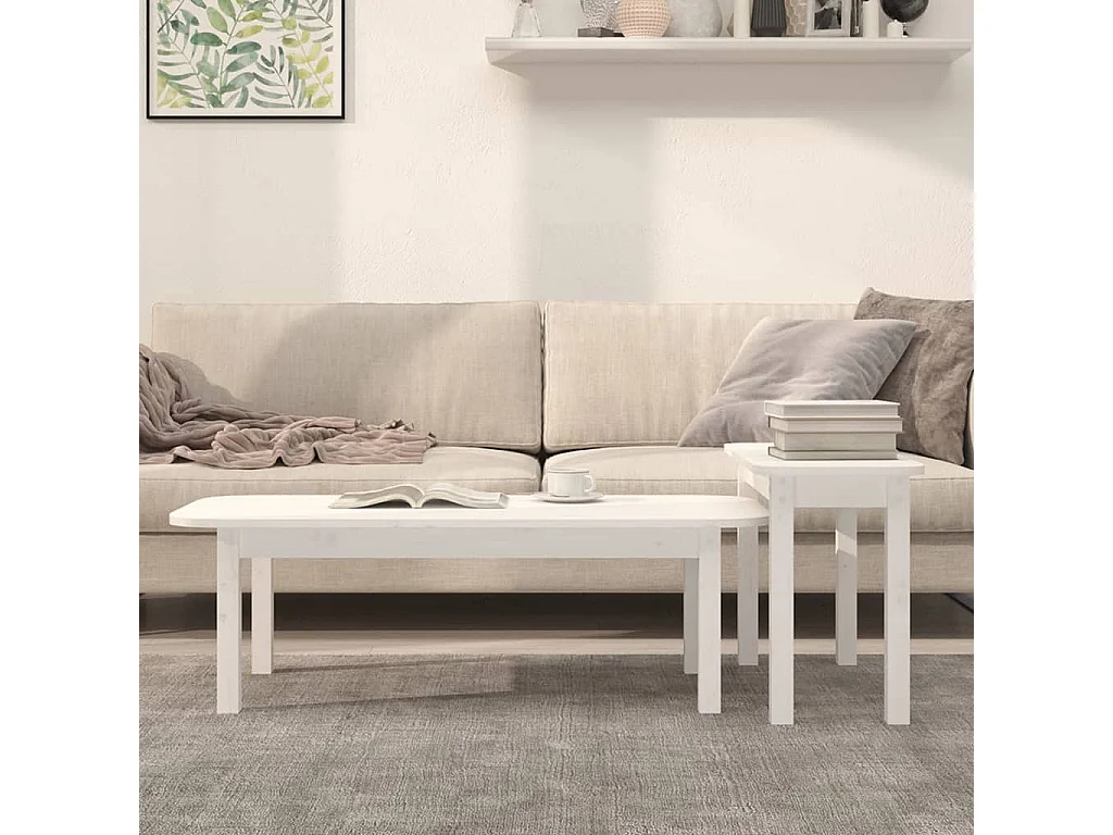 2-tlg. Couchtisch,Beistelltisch-Set Weiß Massivholz Kiefer -MN35877