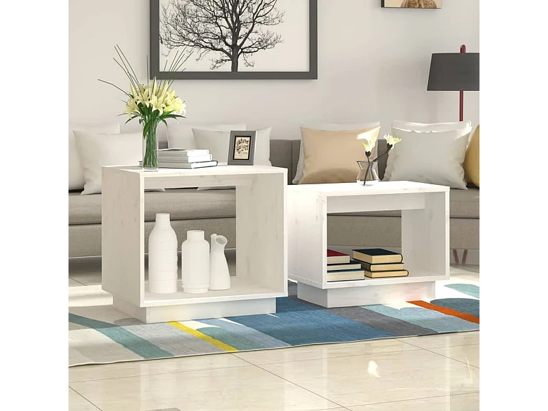 2er-Set Satztische Couchtische Weiß Massivholz Kiefer -MN34368