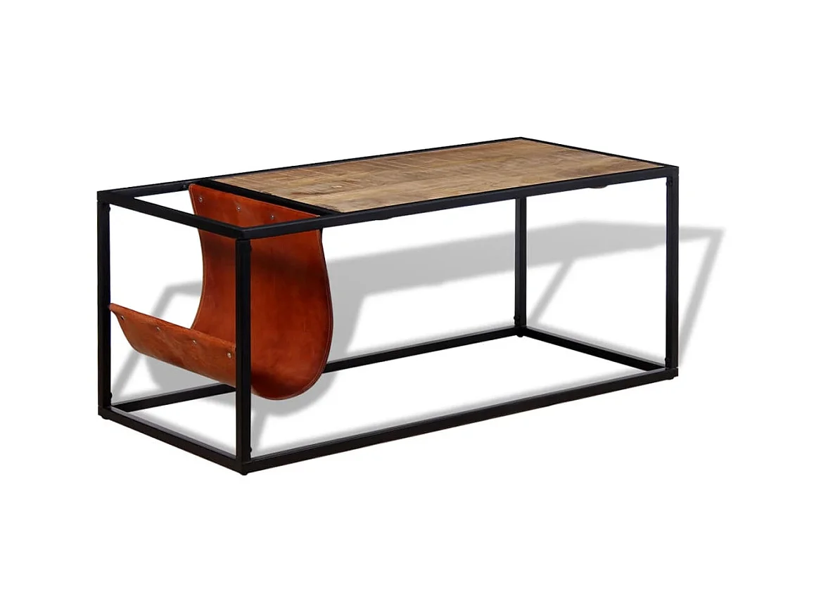 Couchtisch Beistelltisch mit Zeitschriftenhalter aus Echtleder 110 x 50 x 45 cm -MN40352