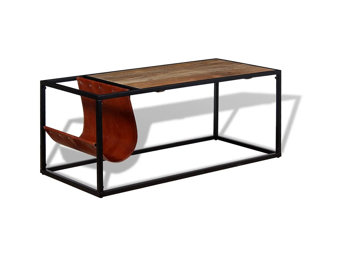 Couchtisch Beistelltisch mit Zeitschriftenhalter aus Echtleder 110 x 50 x 45 cm -MN40352